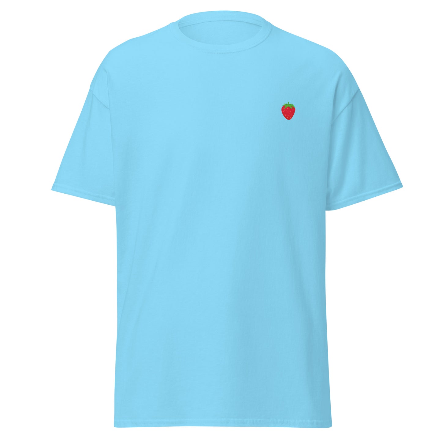 Berry sweet unisex classic tee in blue, featuring a small strawberry graphic, 100% cotton, ideal for trendy streetwear and casual outfits.