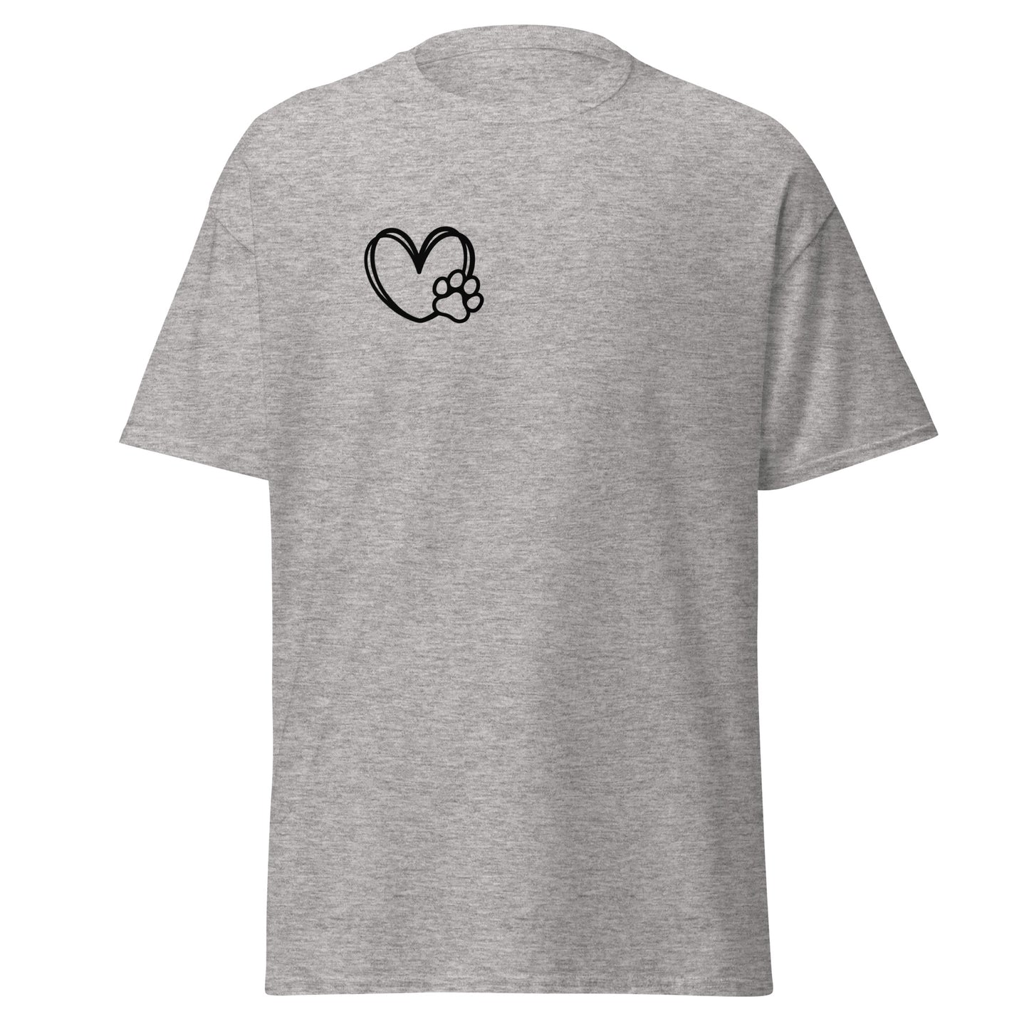 Grey cotton unisex classic tee with heart and paw print design, perfect for trendy streetwear and sustainable fashion lovers.