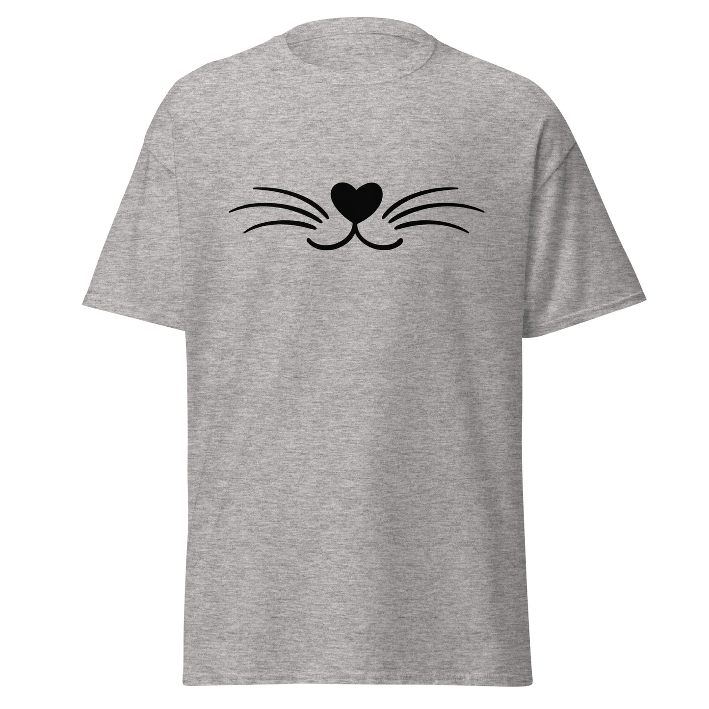 Grey unisex classic tee with black whisker and heart design, perfect for trendy streetwear and sustainable fashion lovers.