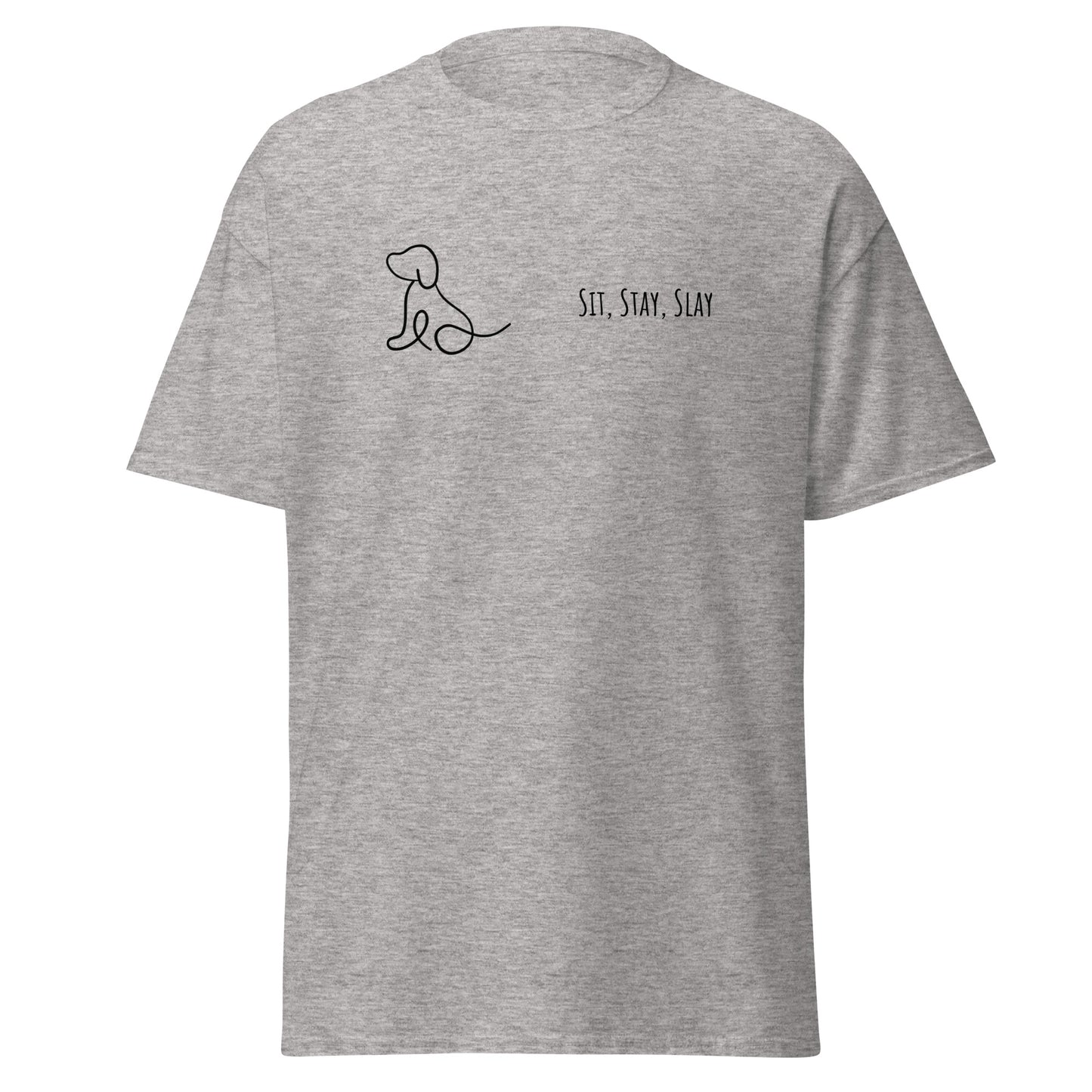 Sit Stay Slay unisex grey tee with minimalist dog design, perfect for trendy streetwear and sustainable fashion enthusiasts.