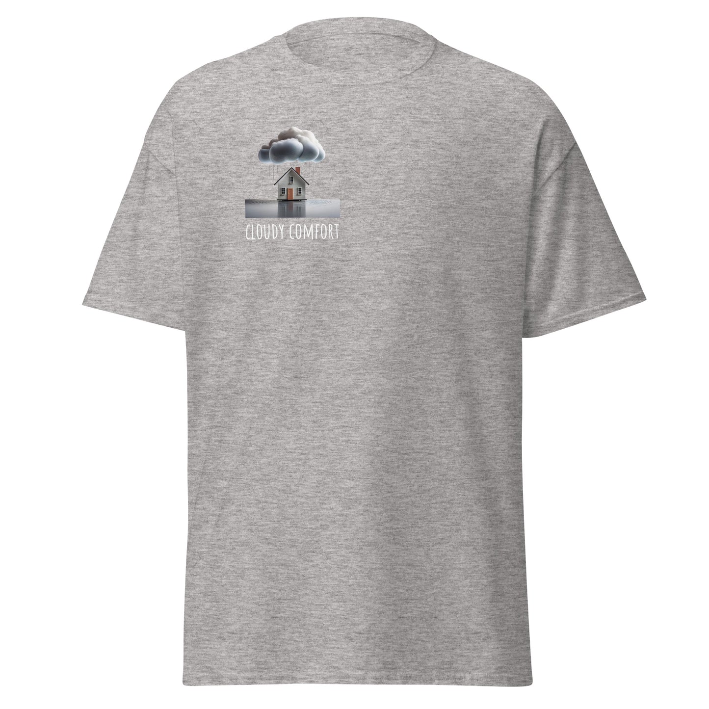 Cloudy Comfort unisex classic tee in grey with unique graphic design, perfect for trendy streetwear and sustainable fashion enthusiasts.