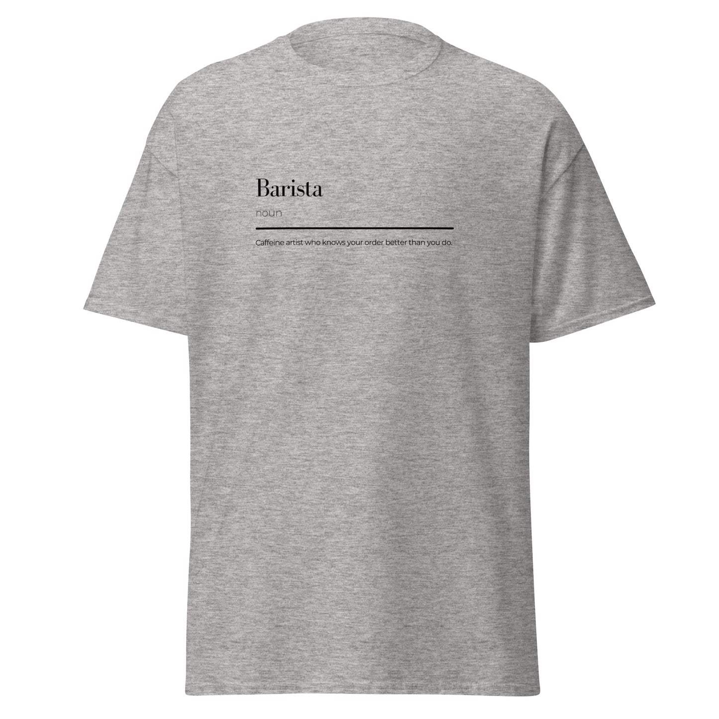 Unisex Barista graphic tee in Sport Grey, 100% cotton, perfect for casual streetwear and eco-friendly fashion enthusiasts.