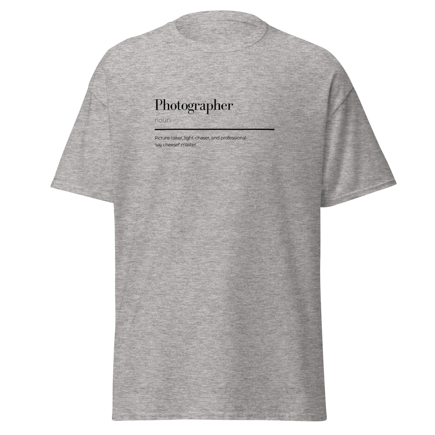 Unisex classic tee with photographer wordplay design in grey, 100% cotton, trendy streetwear fashion, perfect for casual wear.