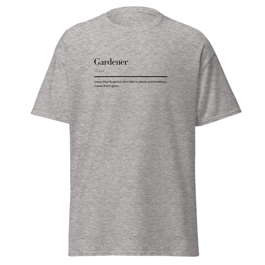 Gardener wordplay unisex tee in grey, featuring a minimalist design and soft cotton fabric for trendy streetwear fashion.