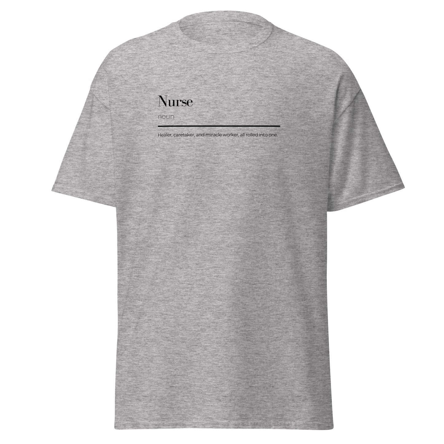 "Grey unisex nurse wordplay tee showcasing minimalist design on eco-friendly cotton, perfect for casual streetwear fashion."