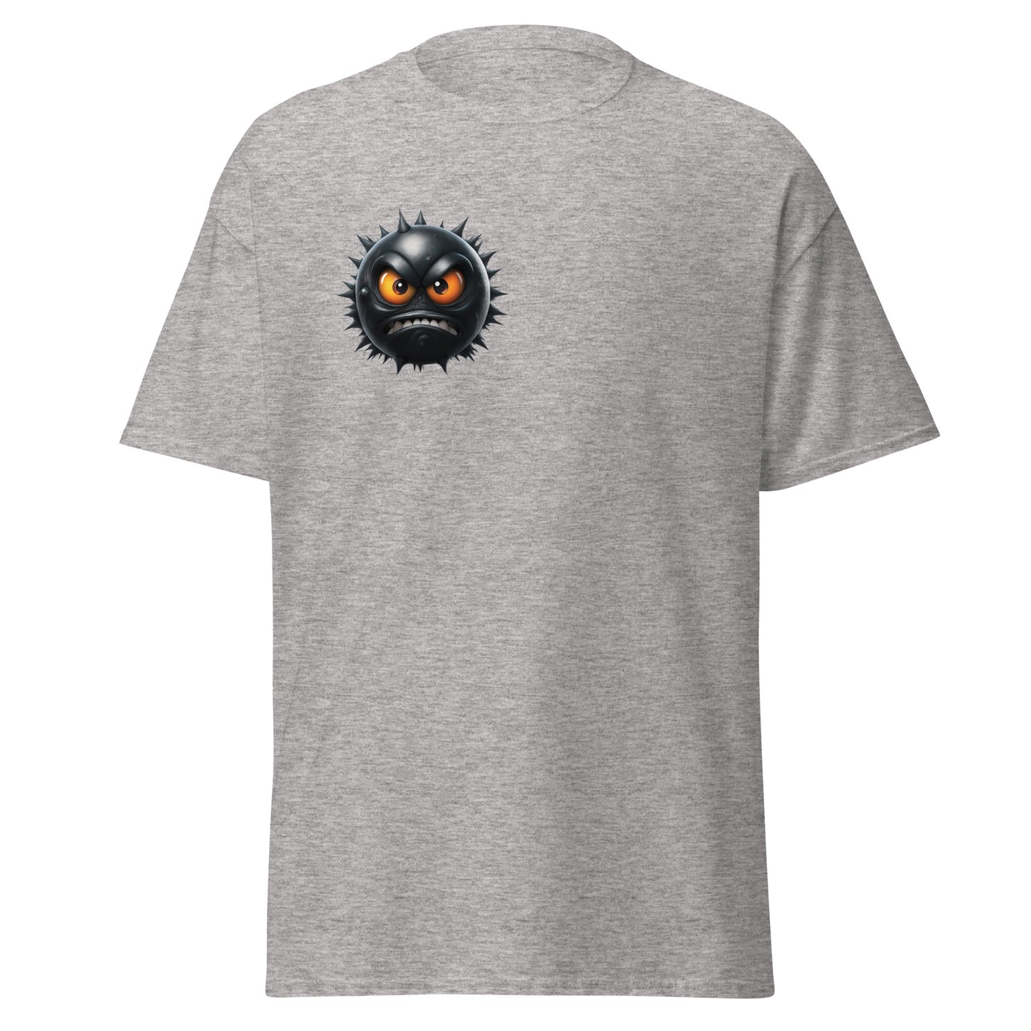 Raging Fury Emoji graphic tee on grey fabric, unisex fashion, unique streetwear, bold design statement piece, casual wear.