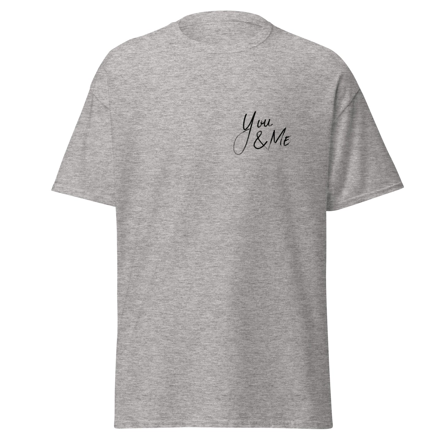 Unisex grey "You & Me" cotton tee, trendy streetwear staple, sustainable fashion, minimalist design, perfect for casual outfits.