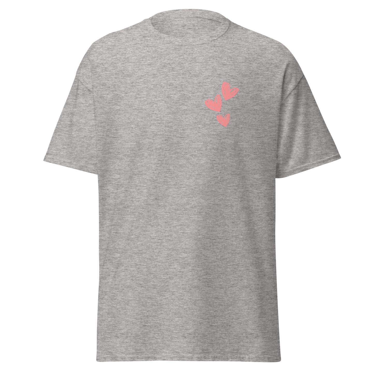 Grey unisex classic tee with pink heart design, crafted from sustainable cotton blend, perfect for trendy streetwear and casual wear.