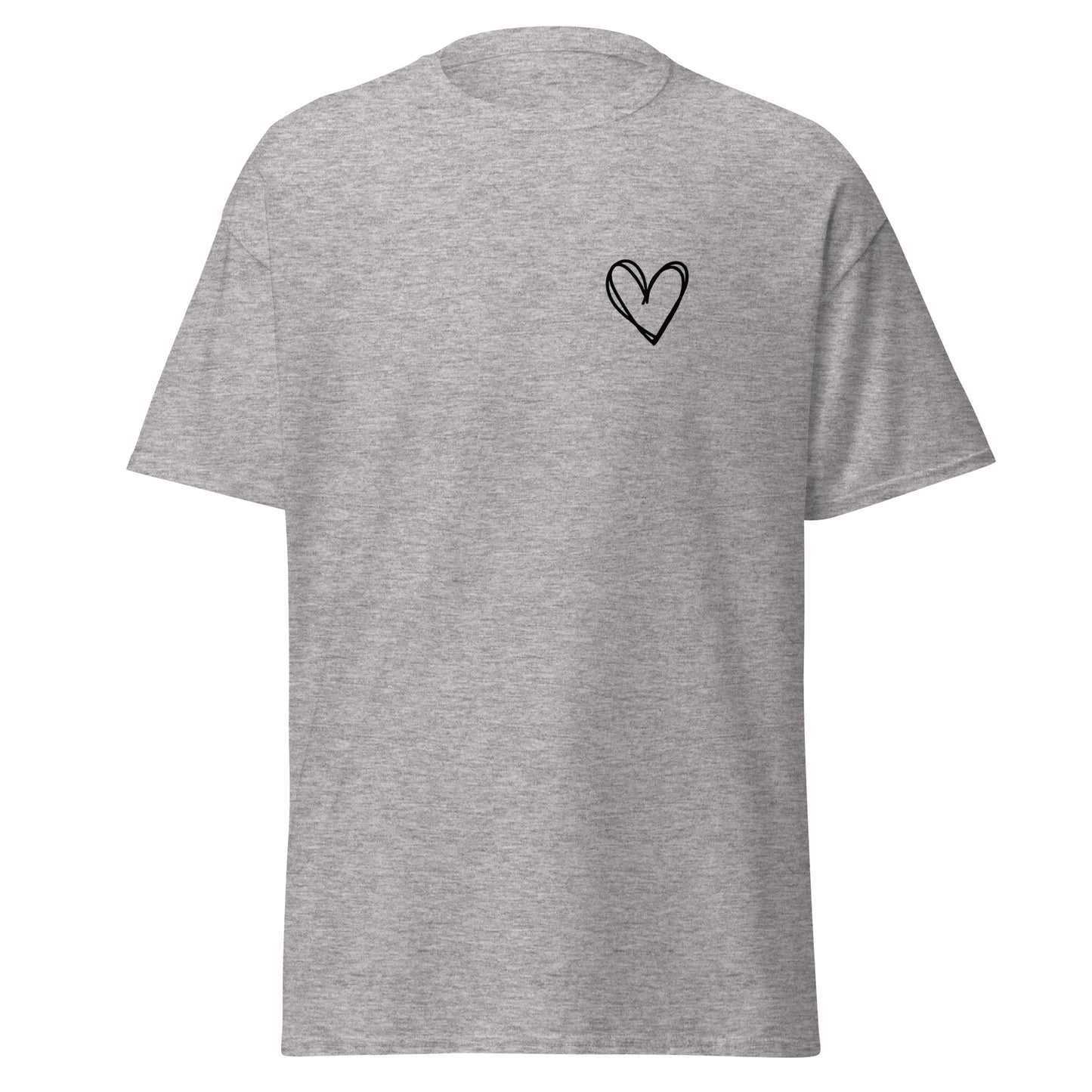 Grey unisex heart graphic tee, eco-friendly fashion, minimalist design, 100% cotton, trendy casual streetwear, sustainable apparel.