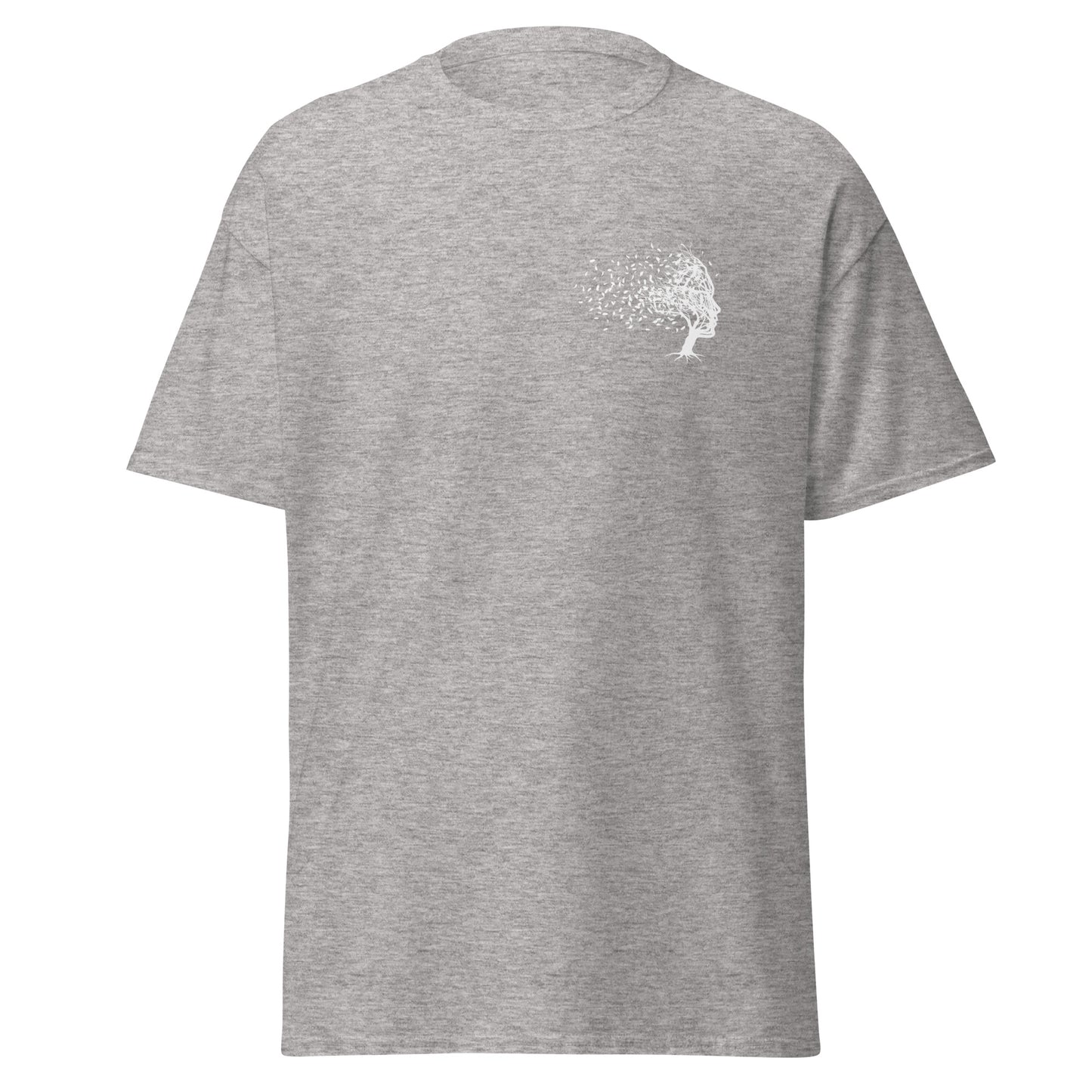 Sport Grey Fading Thoughts unisex tee with unique tree design, 100% cotton, perfect for eco-friendly, trendy streetwear fashion.