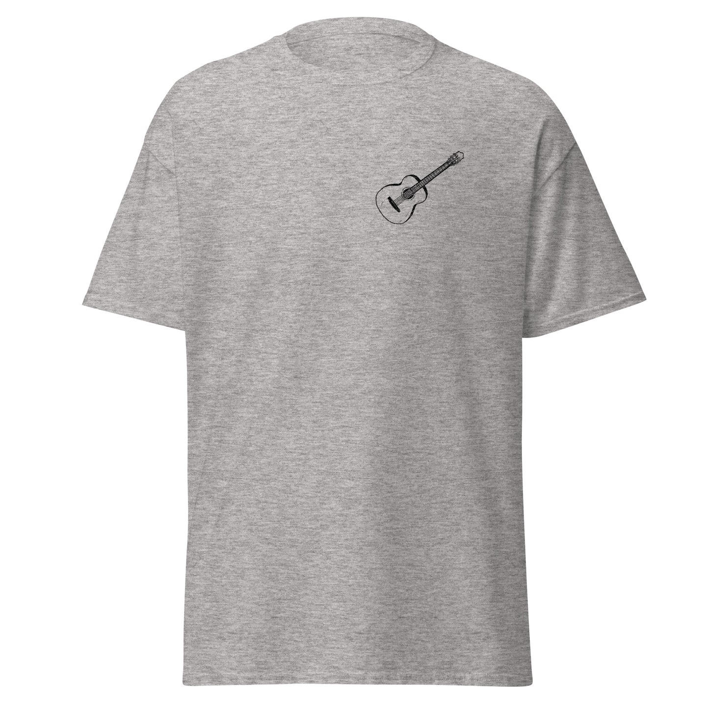 Grey unisex classic tee with guitar graphic, 100% cotton, trendy streetwear fashion, eco-friendly custom apparel, unique design