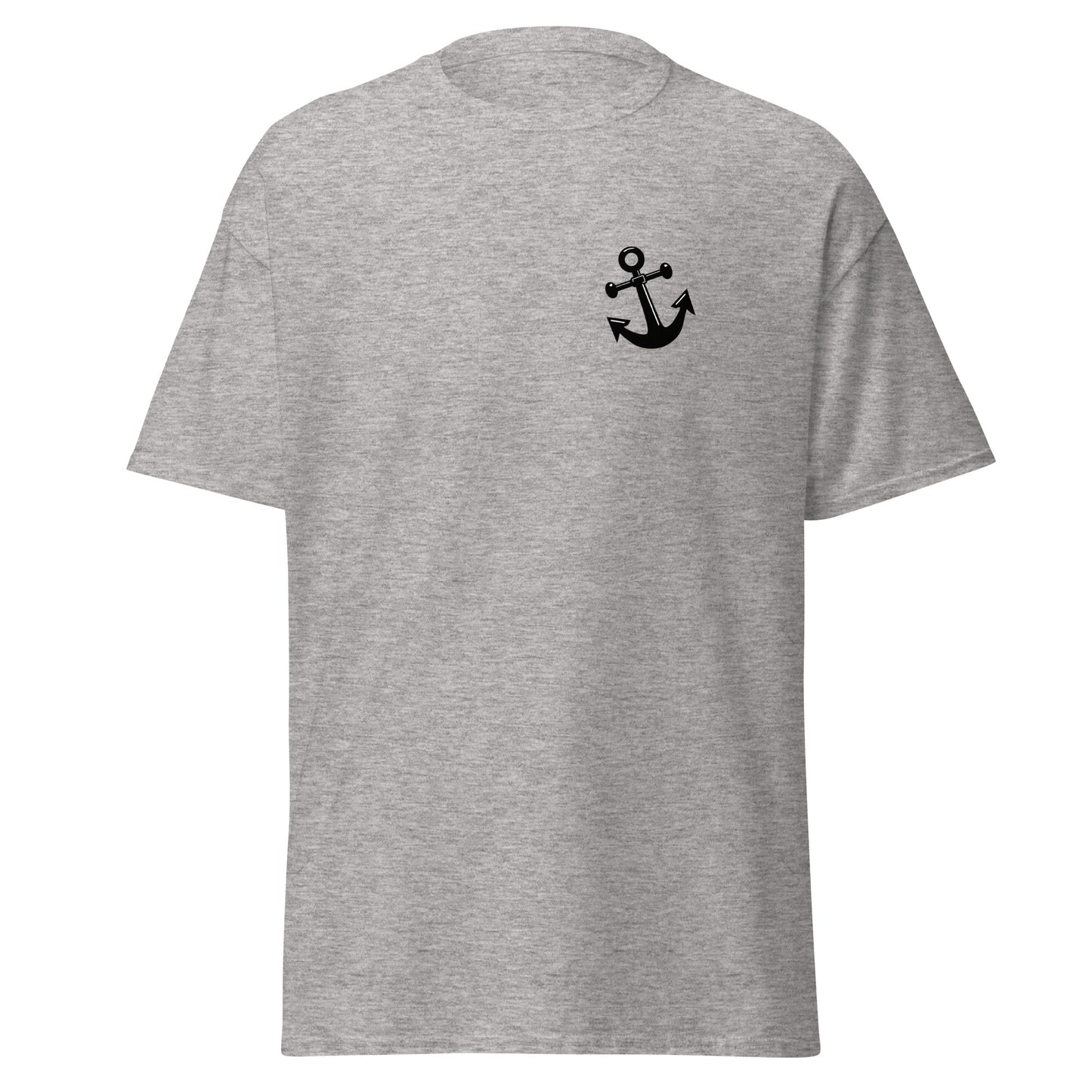 Unisex classic tee with anchor design in grey, 100% cotton, perfect for trendy streetwear and sustainable fashion statements.