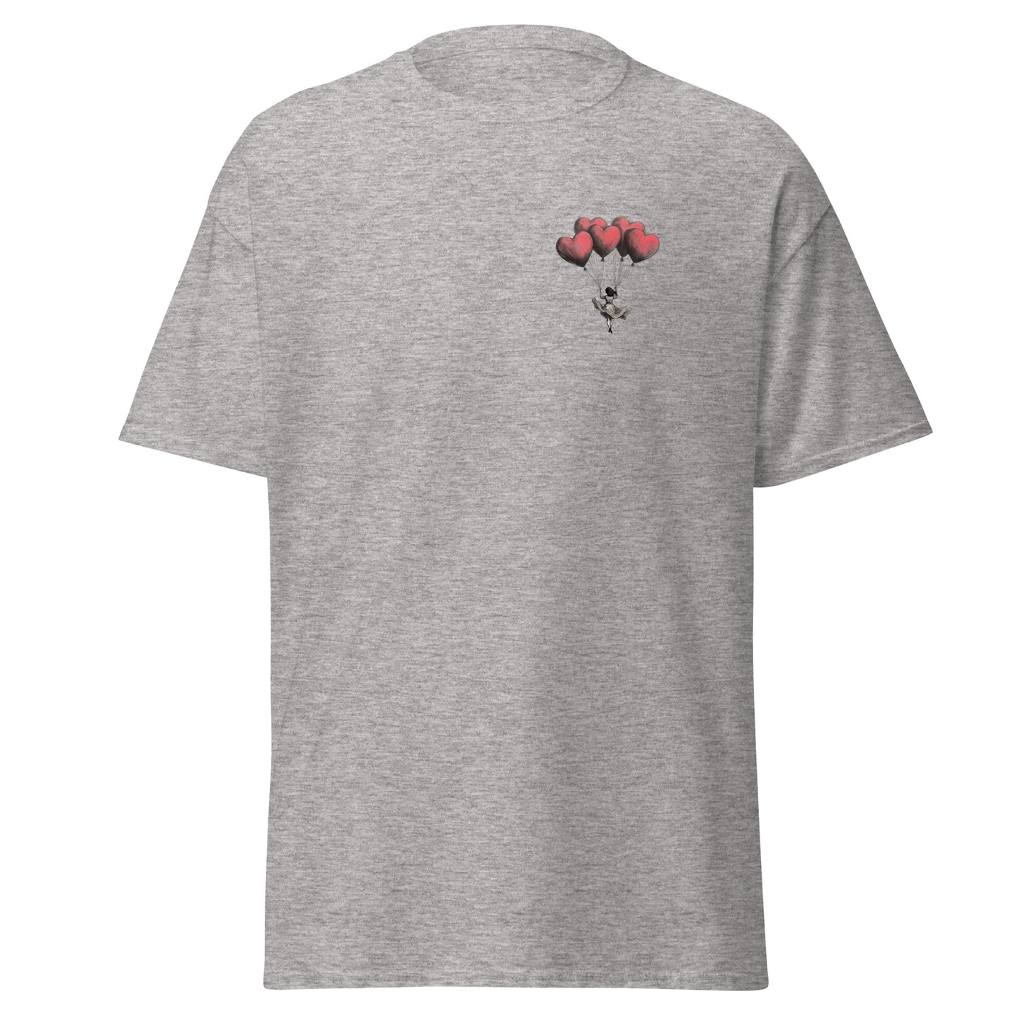 "Lifted by Love grey unisex tee with heart design, 100% cotton, trendy streetwear, sustainable fashion statement piece"