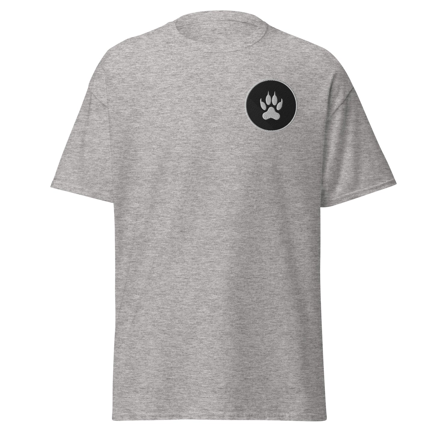 "Stitched paw-sitive vibes unisex classic tee in grey with paw design, 100% cotton, perfect for streetwear and eco-friendly fashion."