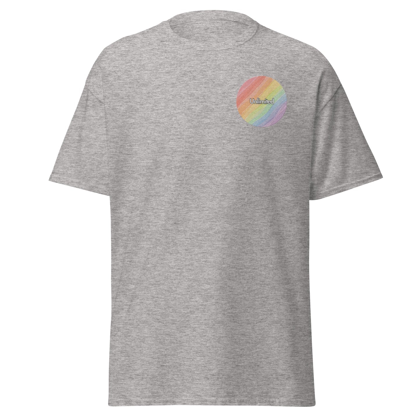 Grey unisex classic tee with colorful logo, perfect for trendy streetwear and eco-friendly fashion enthusiasts seeking unique designs.