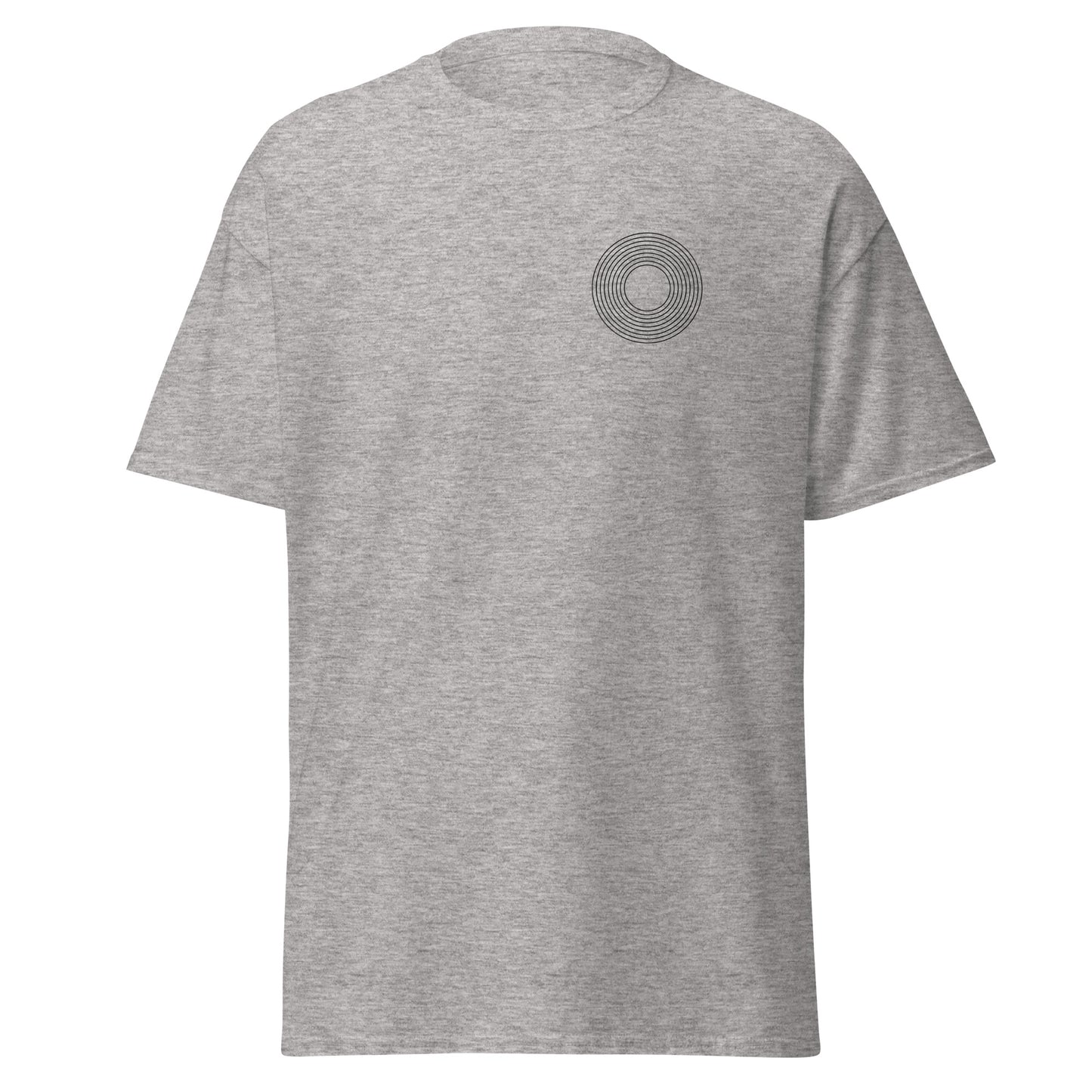 Grey unisex classic tee with circle design, perfect for trendy streetwear. 100% cotton, eco-friendly, and stylish minimalist fashion.