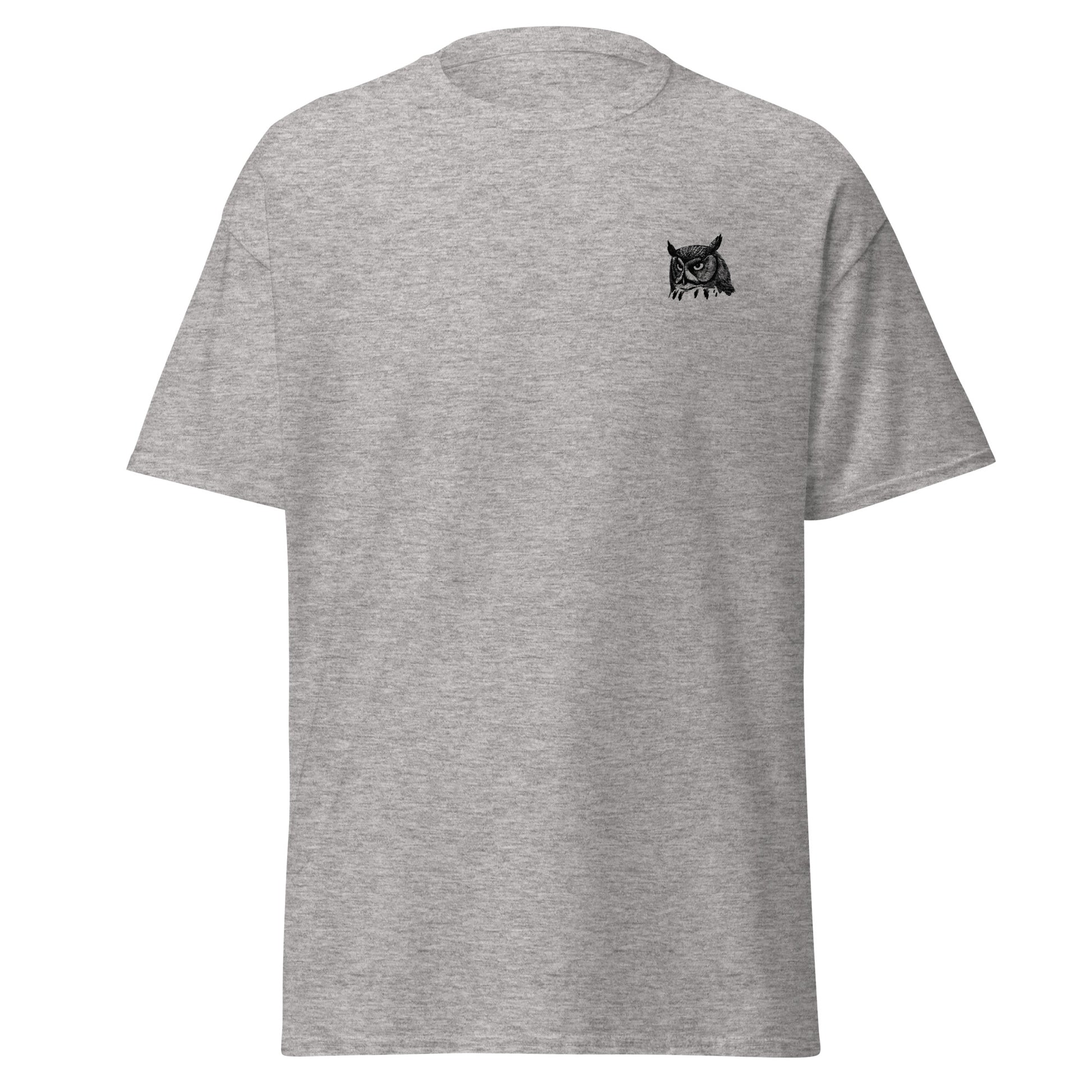 Grey unisex cotton tee with owl design, perfect for streetwear. Trendy fashion, sustainable material, ideal for casual wear.