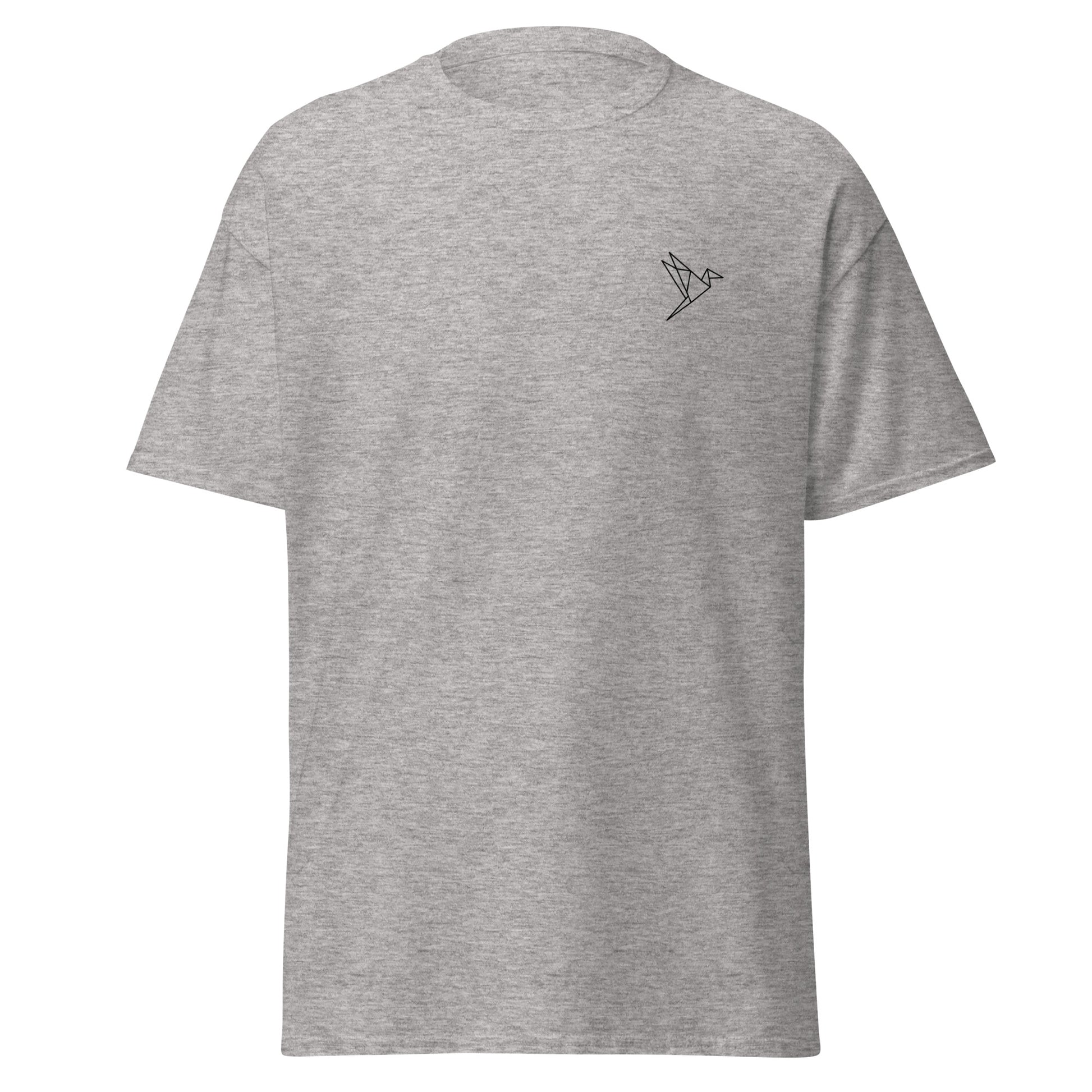 Grey unisex classic tee with paper flight design, perfect for eco-friendly streetwear and minimalist fashion enthusiasts.