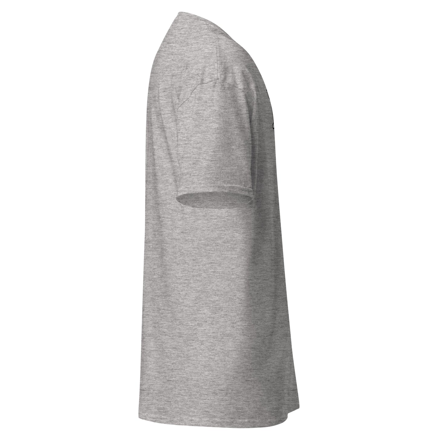 "Side view of grey unisex classic tee, 100% cotton, perfect for streetwear and trendy layered outfits."