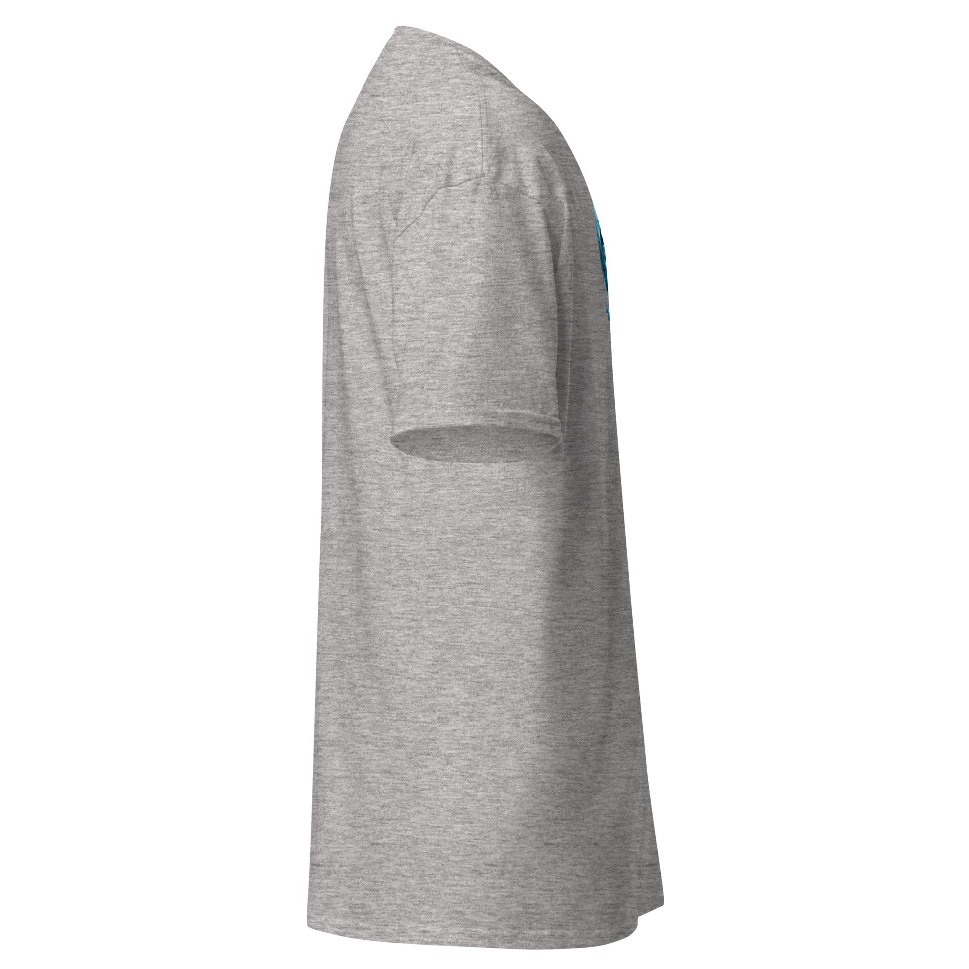 Side view of Crying Heart Emoji unisex classic grey tee with unique design, perfect for trendy streetwear and sustainable fashion.