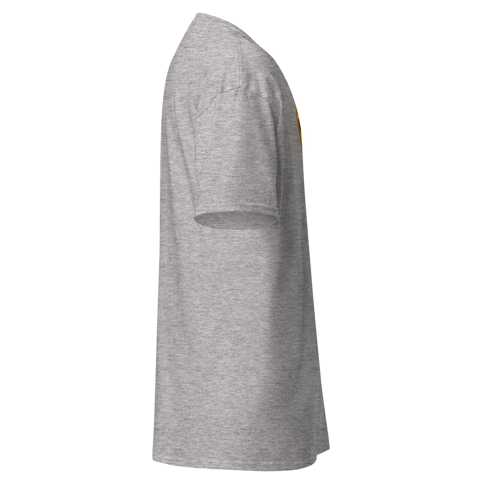 Side view of a grey unisex Cheerful Vibes Emoji classic tee, 100% cotton, perfect for trendy streetwear and casual outfits.