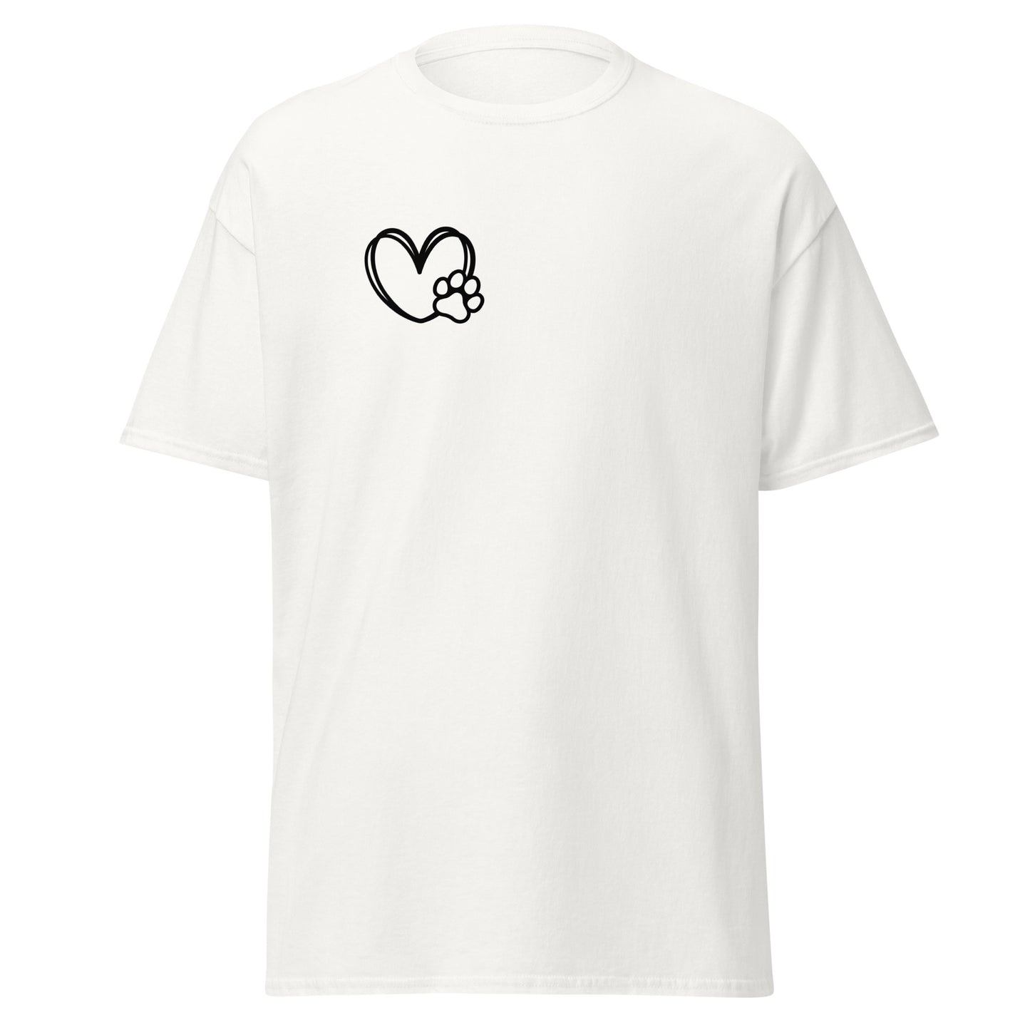 Unisex white classic tee with heart and paw graphic, 100% cotton, perfect for trendy streetwear and sustainable fashion lovers.