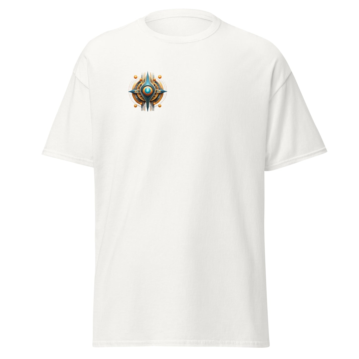 Unisex classic white tee with unique galactic design, 100% cotton, perfect for trendy streetwear and sustainable fashion outfits.