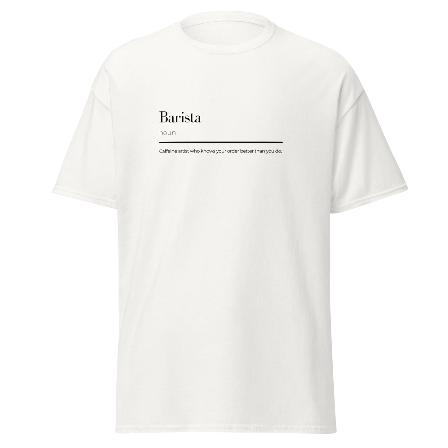 Barista wordplay unisex classic tee, trendy cotton t-shirt with minimalist design and bold statement, perfect for casual streetwear fashion.