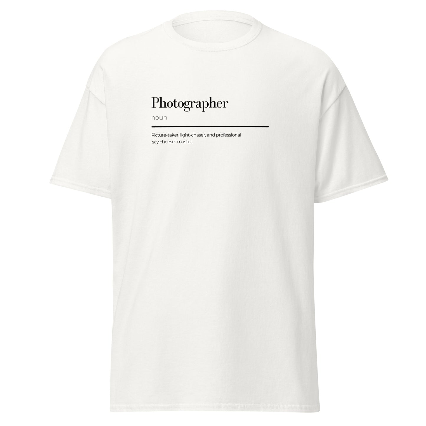 Unisex classic tee with photographer wordplay design, 100% cotton, trendy streetwear, bold minimalist graphic, eco-friendly fashion.