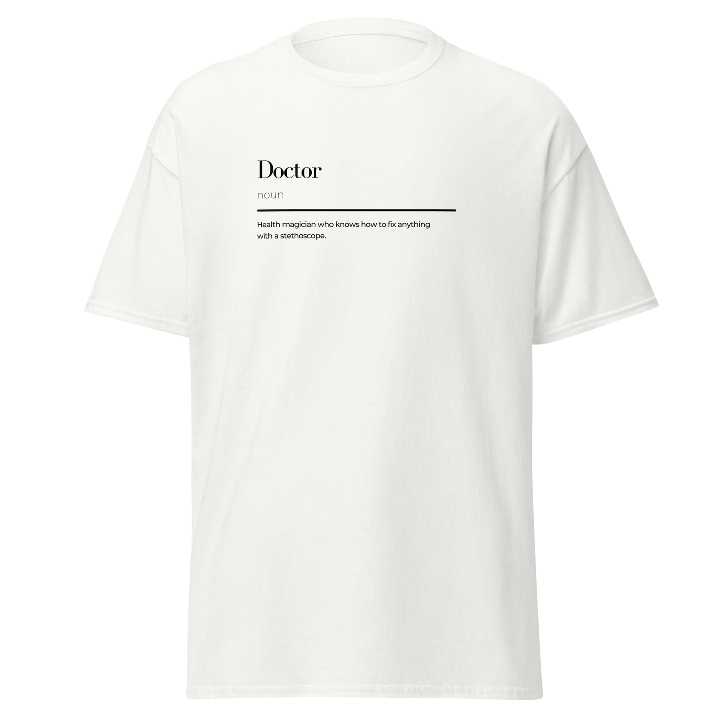 "Doctor wordplay unisex classic tee with minimalist design, perfect for trendy streetwear and sustainable fashion enthusiasts."