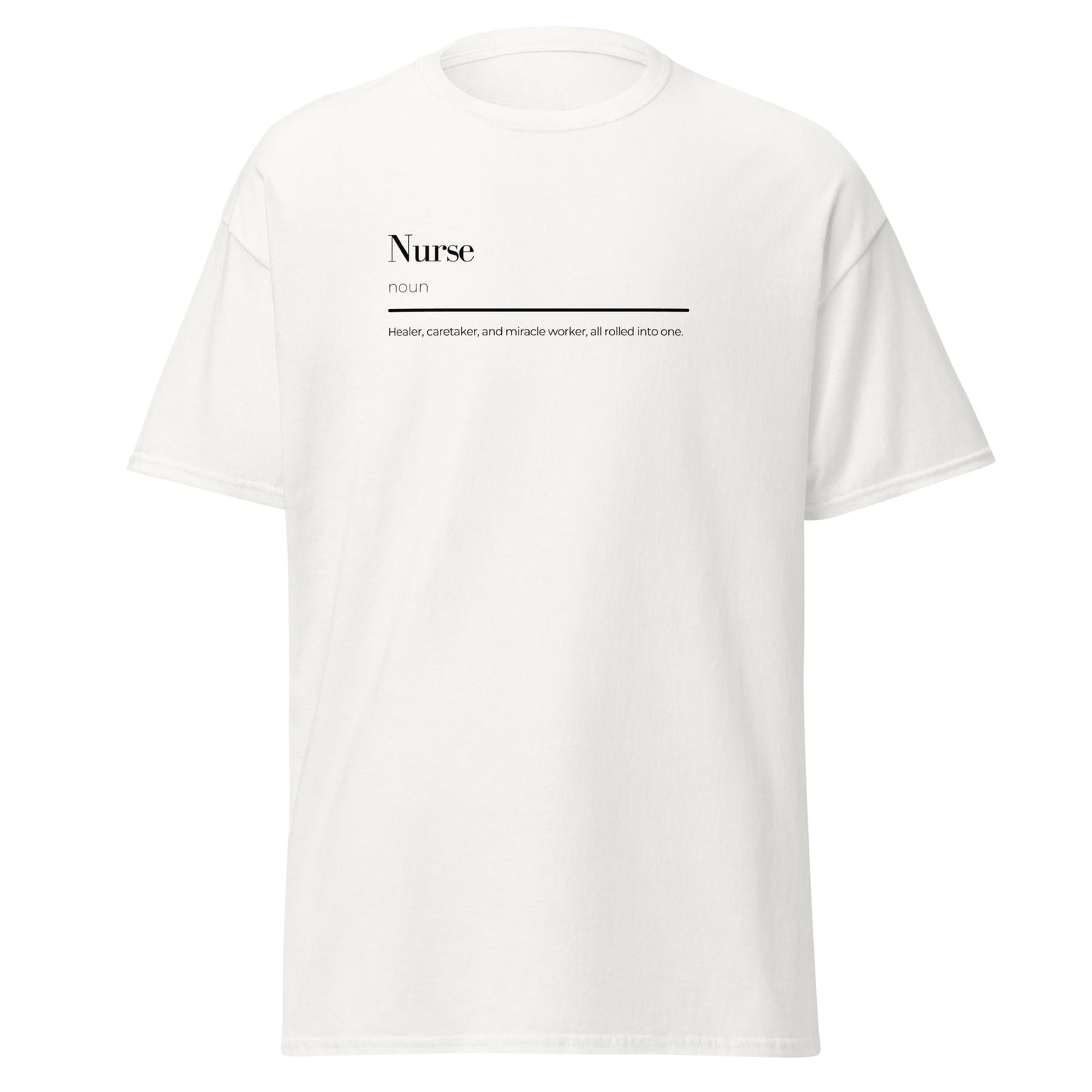 "Nurse wordplay unisex classic tee, white graphic T-shirt with minimalist design, trendy casual wear, perfect for sustainable fashion lovers"