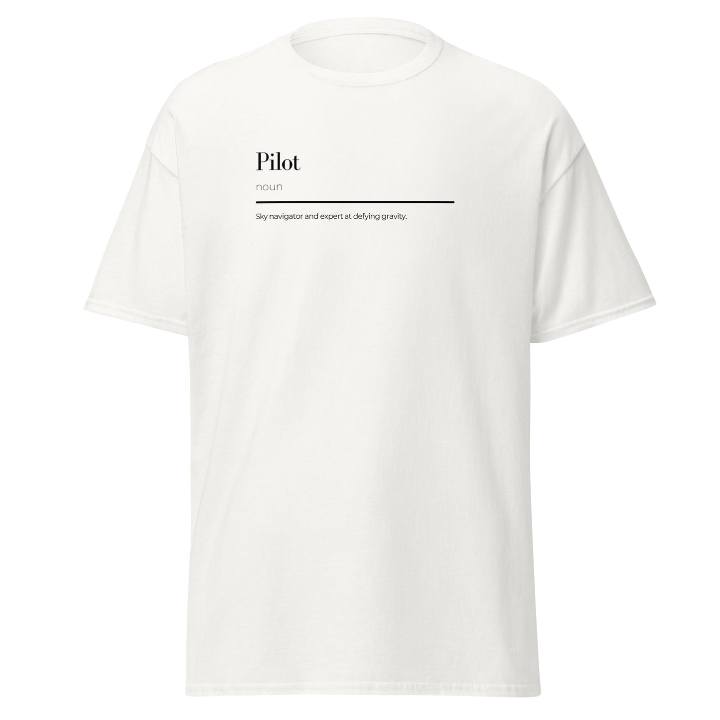 "Unisex classic tee with pilot wordplay design, trendy minimalist fashion statement piece in 100% cotton for casual streetwear."