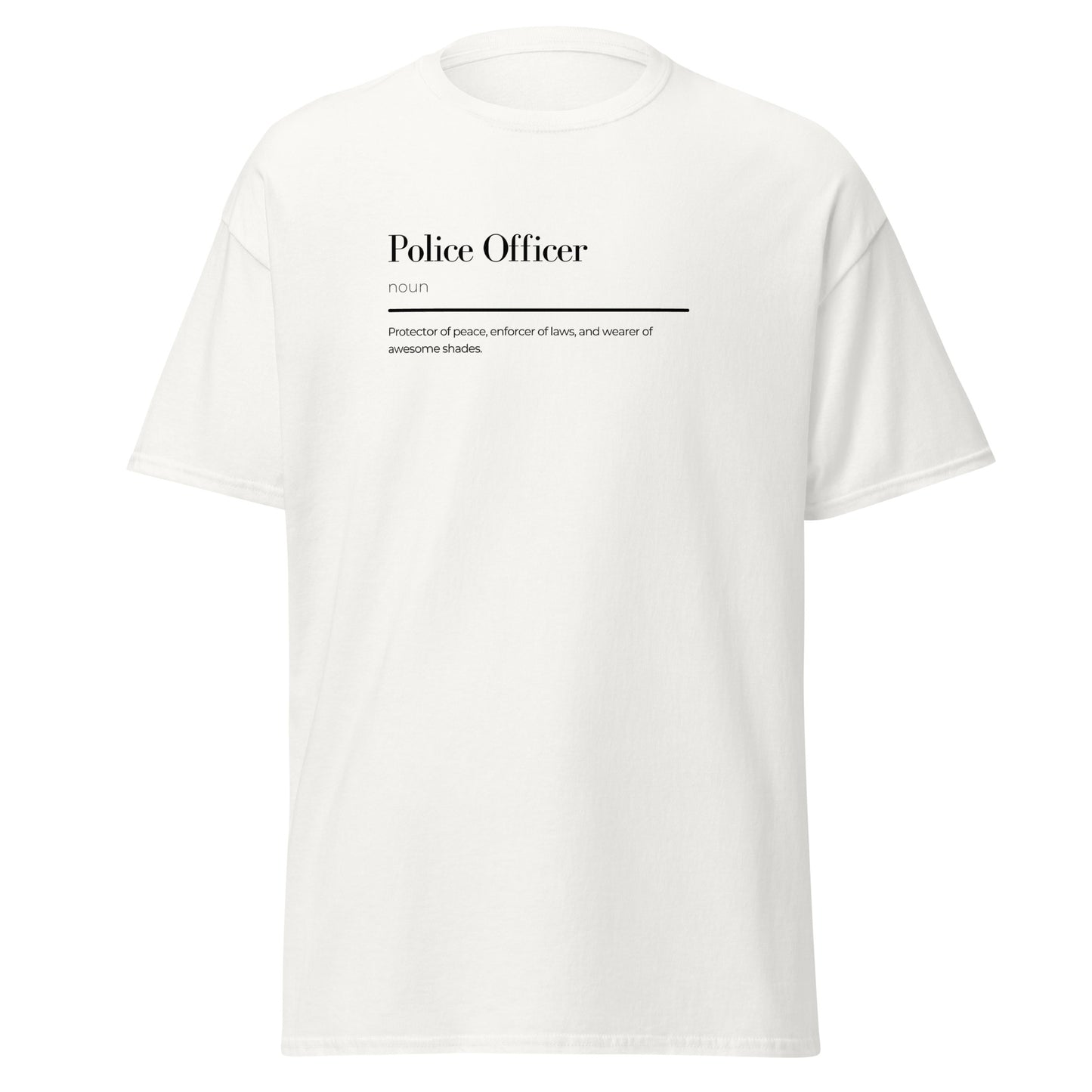 Unisex Police Officer graphic tee with minimalist wordplay design on white cotton, trendy streetwear fashion for casual wear.