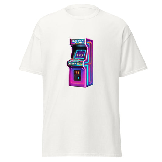 Retro Arcade Neon Machine T-Shirt - LUDE fashion, streetwear, unique designs, custom apparel, gift ideas, trendy, eco-friendly, statement pieces, graphic tees, sustainable fashion, minimalist, pop culture, creative prints, bold designs, limited edition, casual wear, artistic, lifestyle