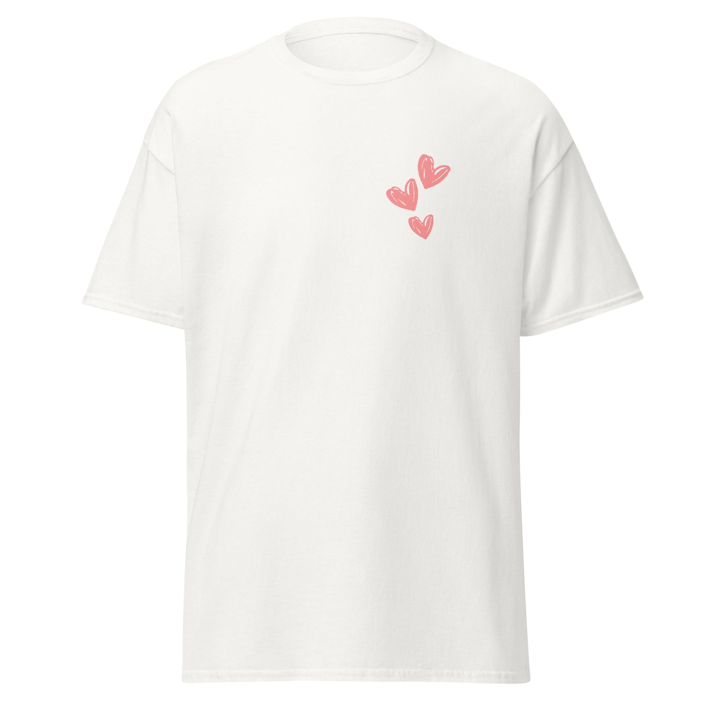 Triple Love unisex classic tee with red heart design, perfect for trendy streetwear and sustainable fashion enthusiasts.