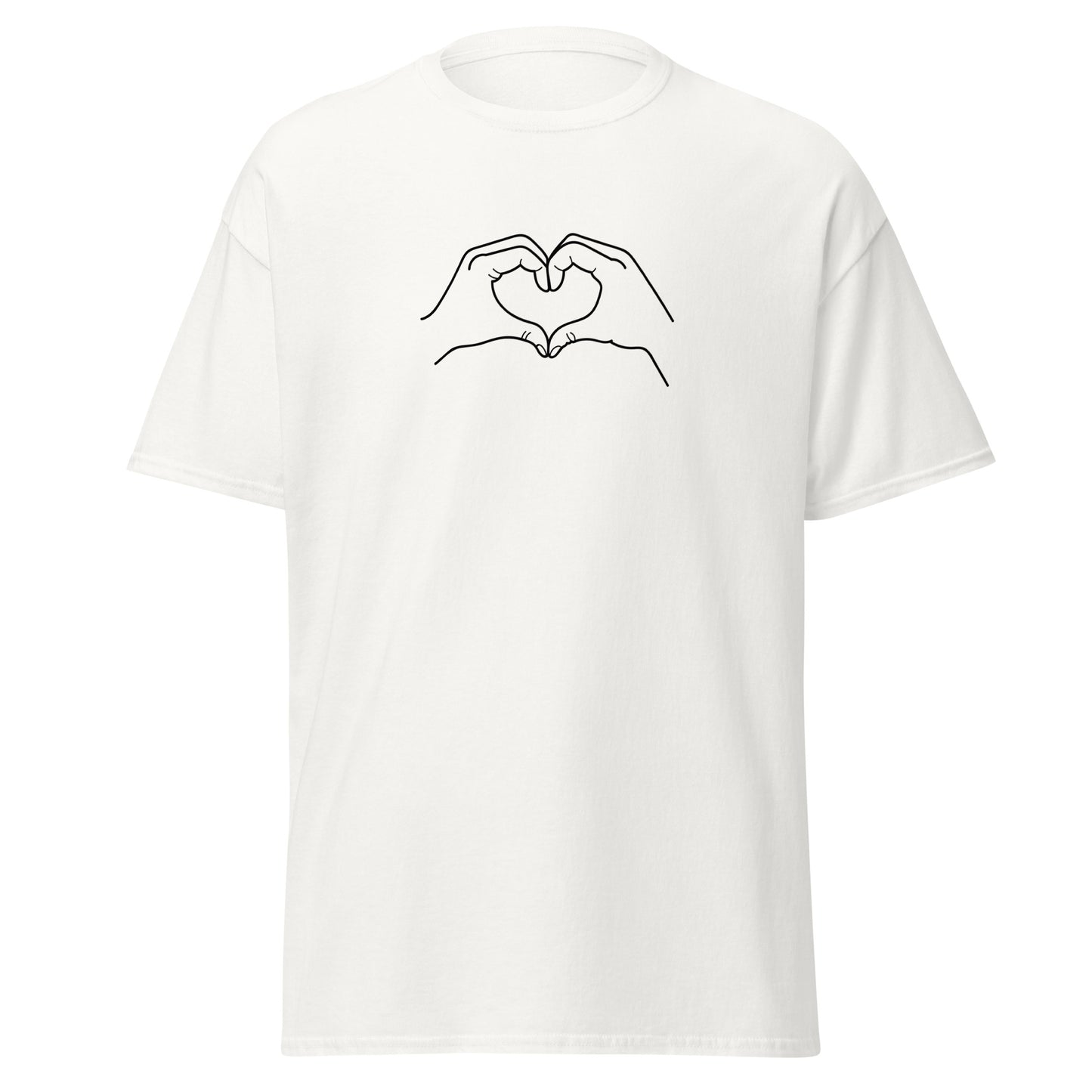 Unisex classic tee with heart hands graphic, eco-friendly cotton shirt, unique streetwear fashion, minimalist design.