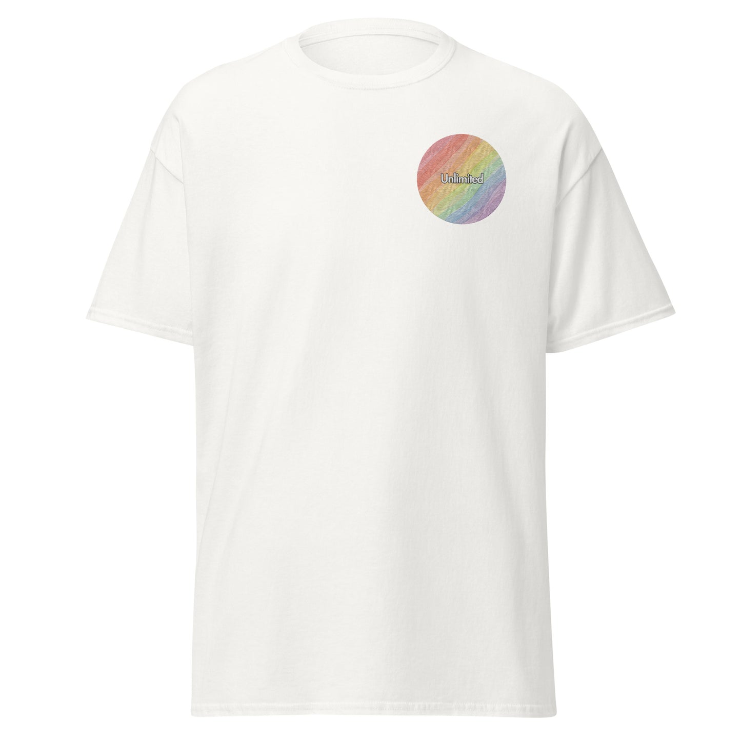 Unisex classic tee with rainbow graphic, 100% cotton, trendy streetwear fashion, sustainable and eco-friendly custom apparel design.