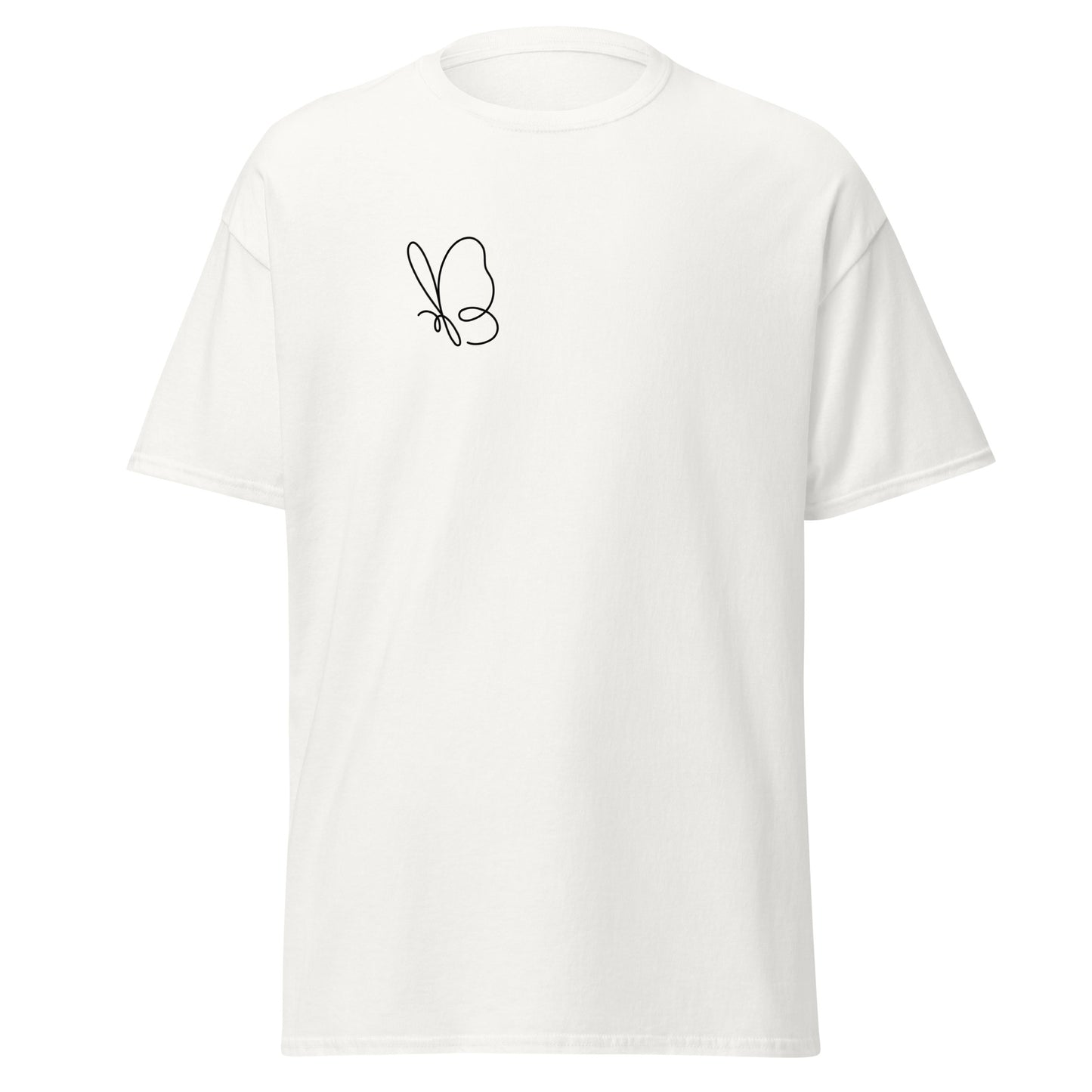 Unisex white t-shirt featuring minimalist butterfly graphic, perfect for trendy streetwear and sustainable fashion enthusiasts.