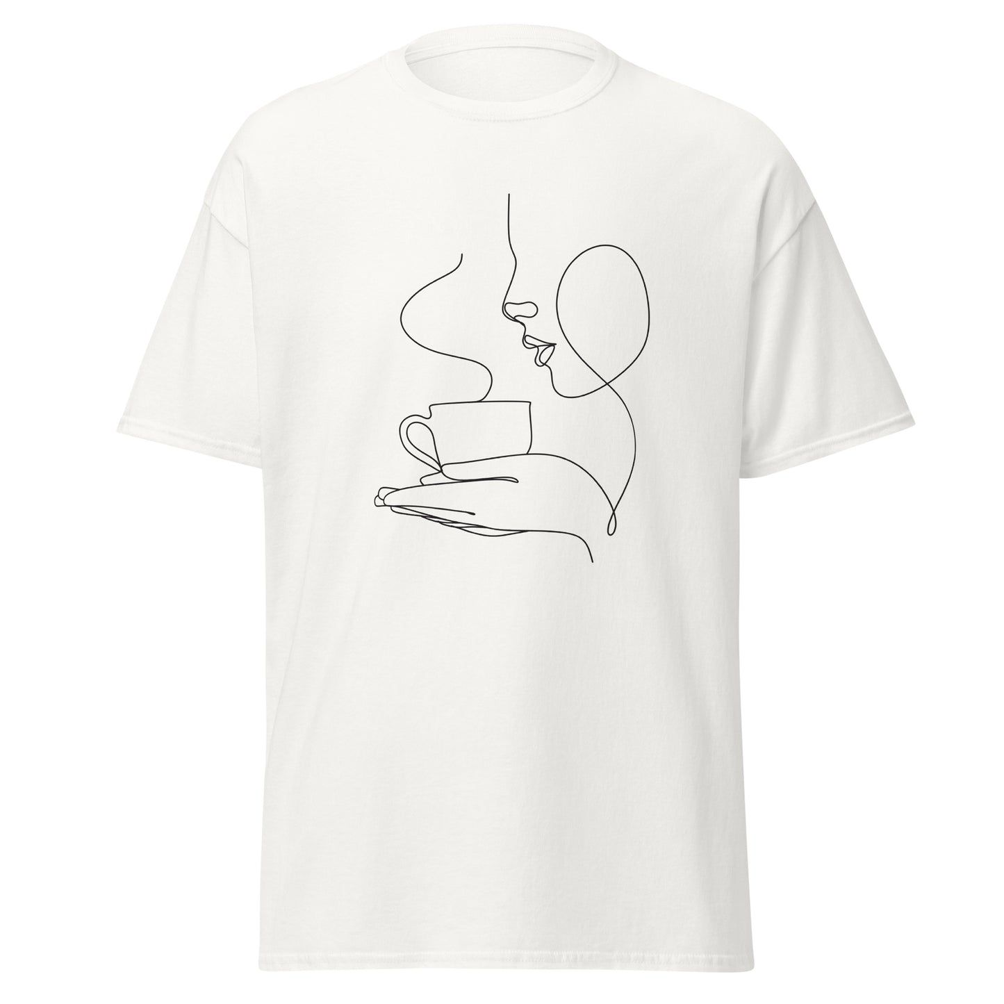 Minimalist line art graphic tee, eco-friendly cotton, trendy streetwear fashion, bold design, unisex classic white t-shirt