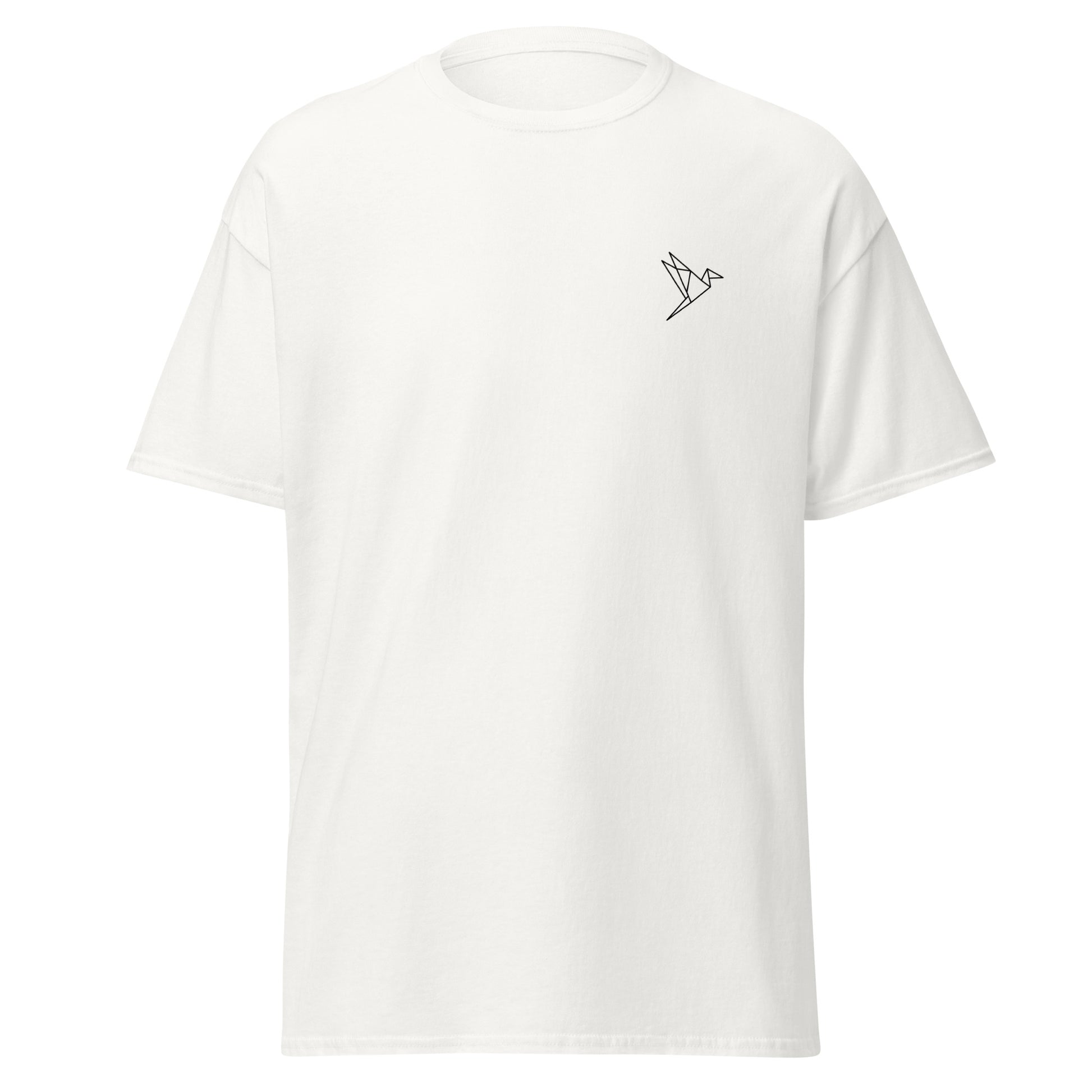 Unisex classic white tee with paper flight design, 100% cotton, trendy streetwear fashion, perfect for minimalist and eco-friendly style.