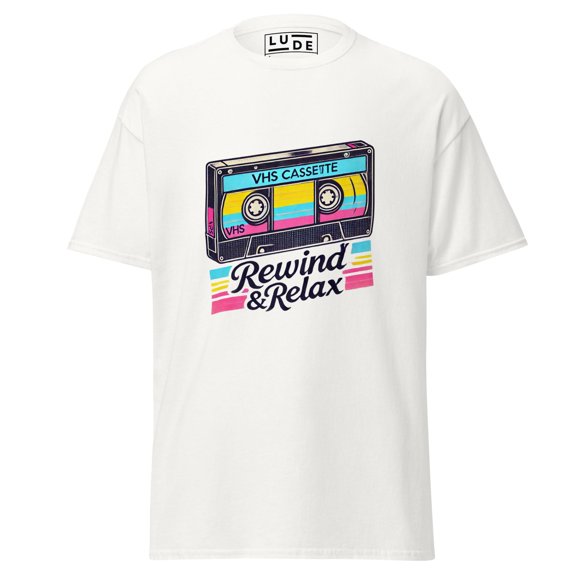 VHS Tape Vibes-T-Shirt - LUDE fashion, streetwear, unique designs, custom apparel, gift ideas, trendy, eco-friendly, statement pieces, graphic tees, sustainable fashion, minimalist, pop culture, creative prints, bold designs, limited edition, casual wear, artistic, lifestyle