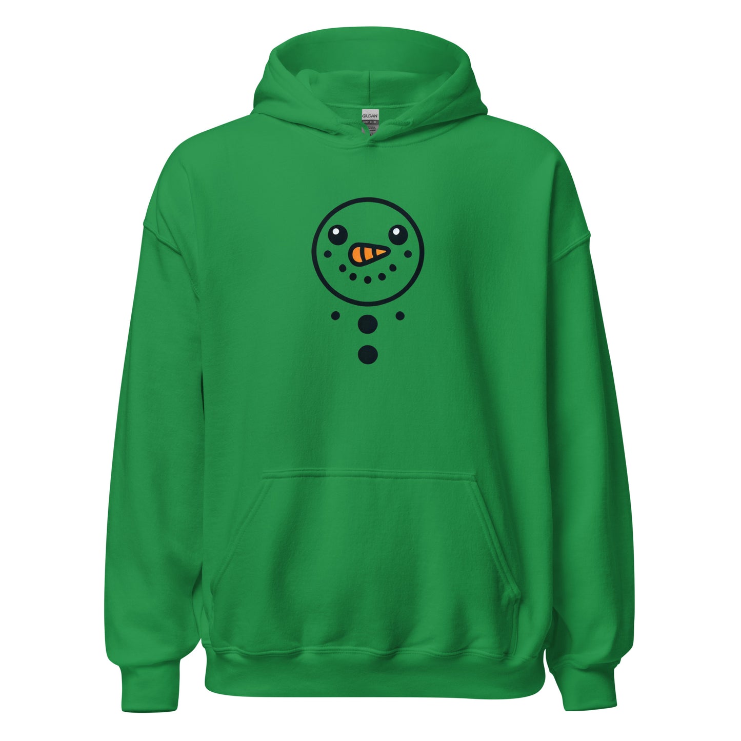 Green hoodie featuring a frosty snowman face design, cozy and stylish, perfect for cooler evenings and a trendy streetwear statement.