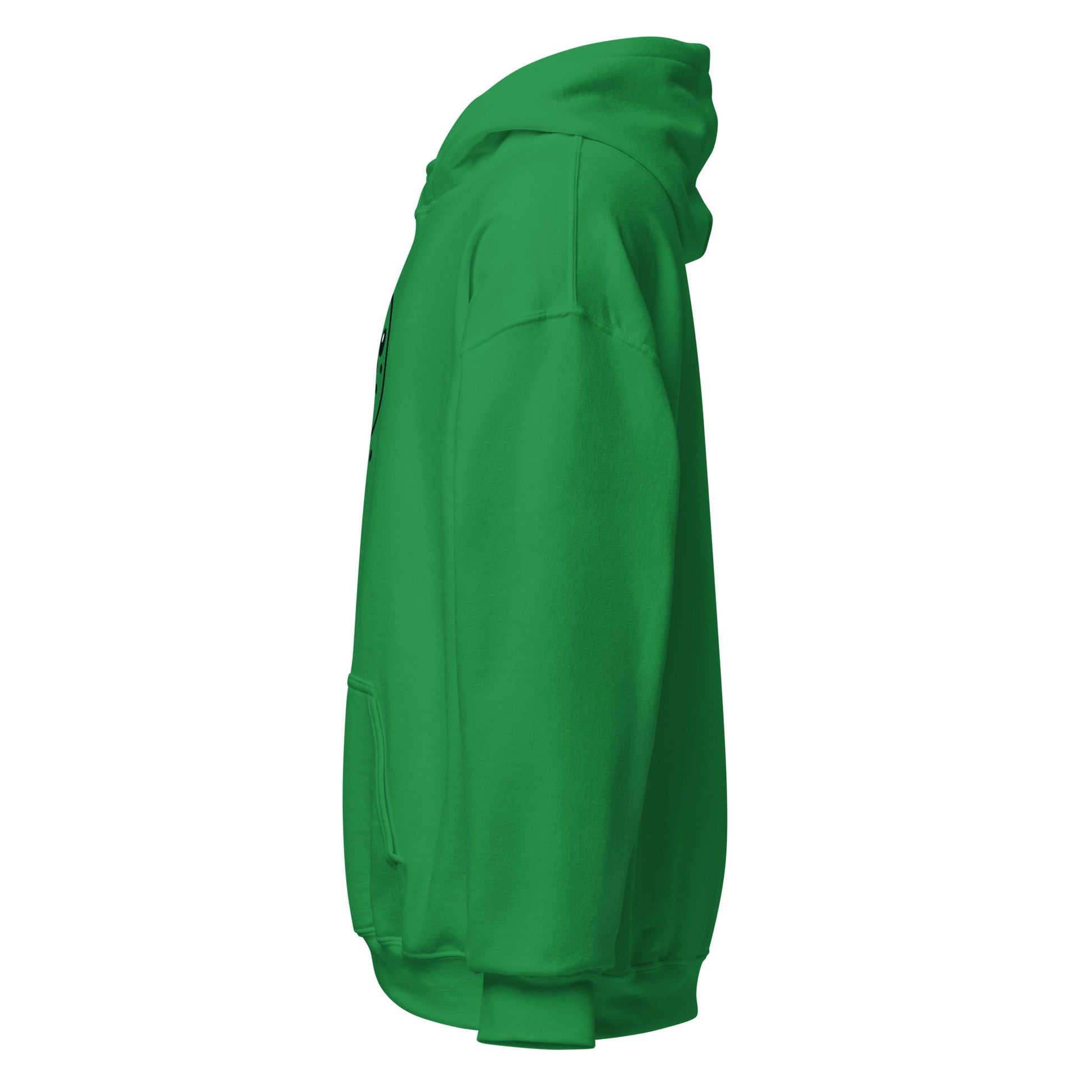 Green unisex hoodie side view showcasing cozy, minimalist style from Frosty Smiles. Perfect for sustainable fashion and casual wear.