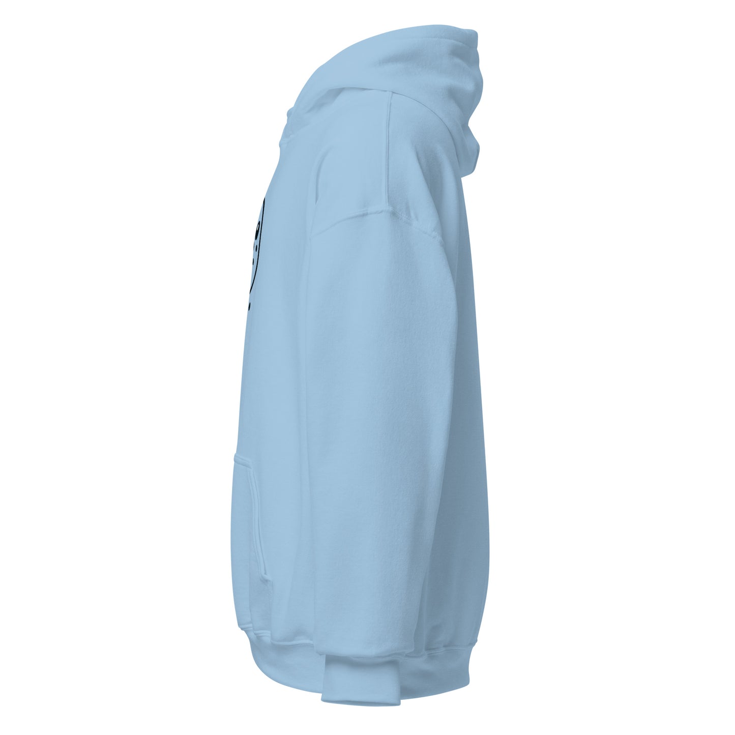 Light blue unisex hoodie side view, eco-friendly and stylish, perfect for casual wear and cooler evenings.