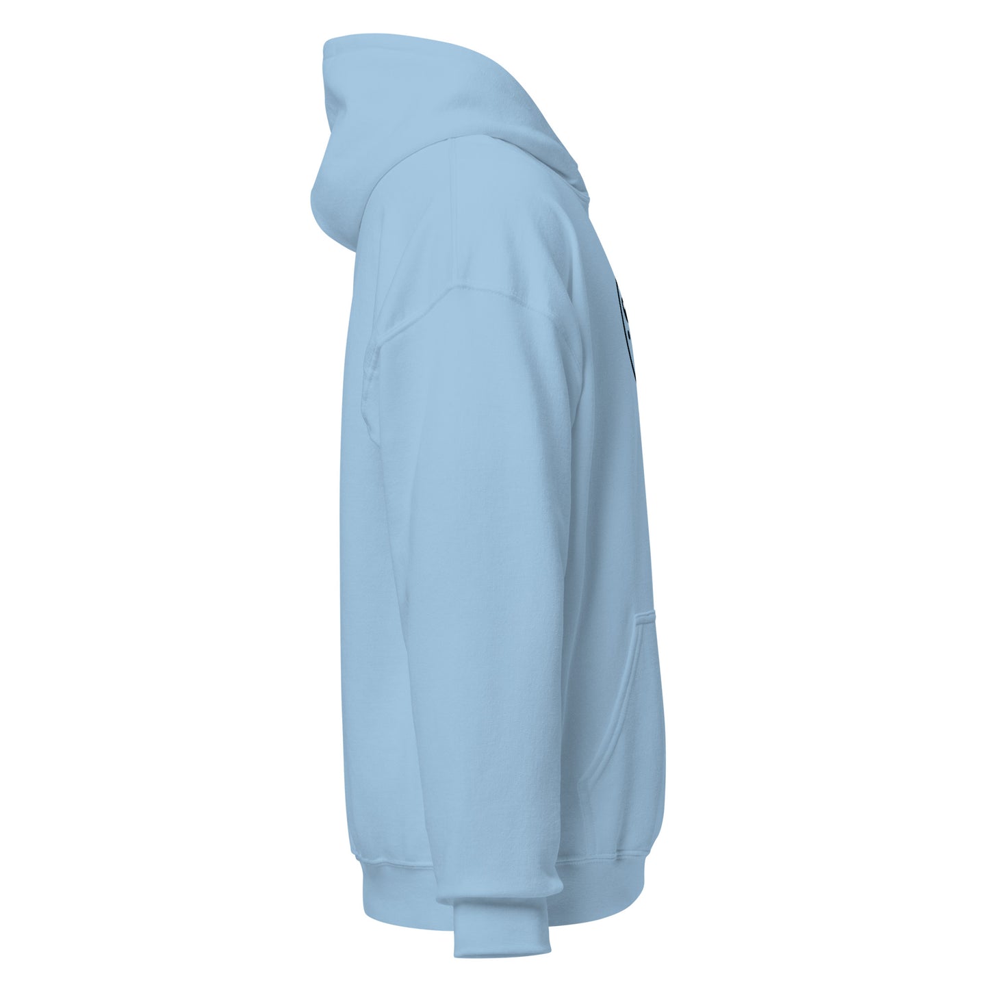 Cozy blue unisex hoodie side view, perfect for eco-friendly fashion lovers seeking trendy, sustainable streetwear and unique designs.