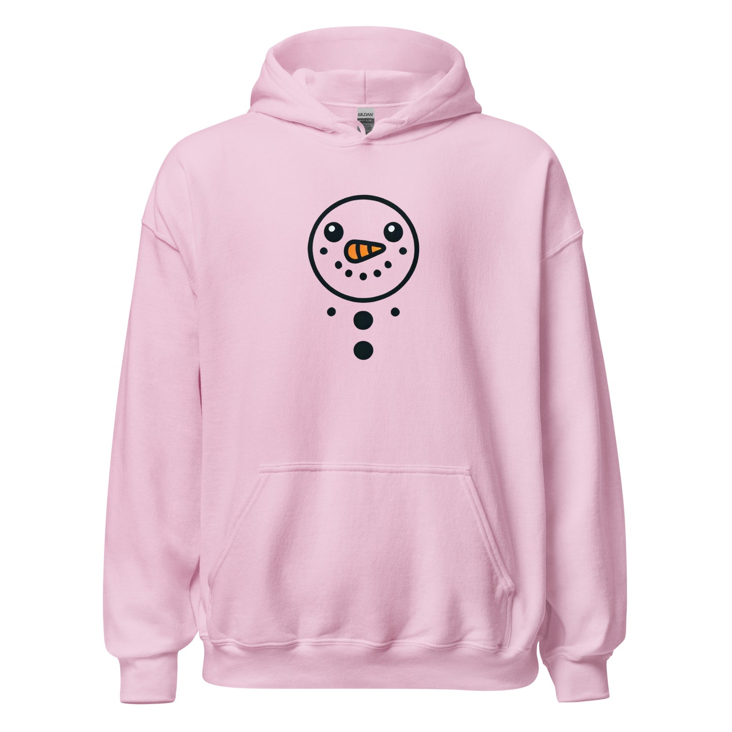 Frosty Smiles pink unisex hoodie with snowman print, cozy sustainable fashion, trendy streetwear, perfect for cooler evenings.