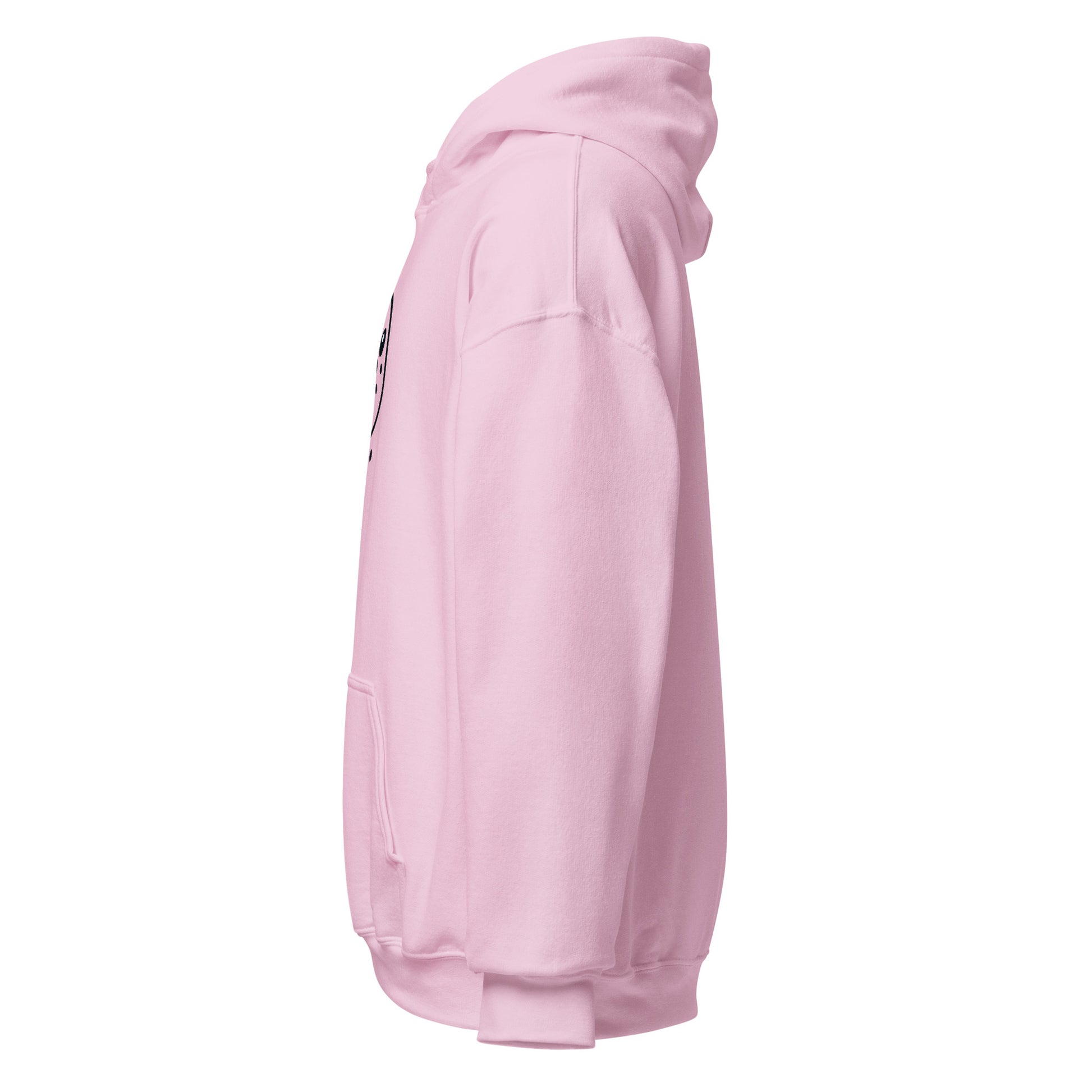 Pink unisex hoodie side view, featuring cozy, eco-friendly design; perfect for trendy, sustainable fashion and casual wear.