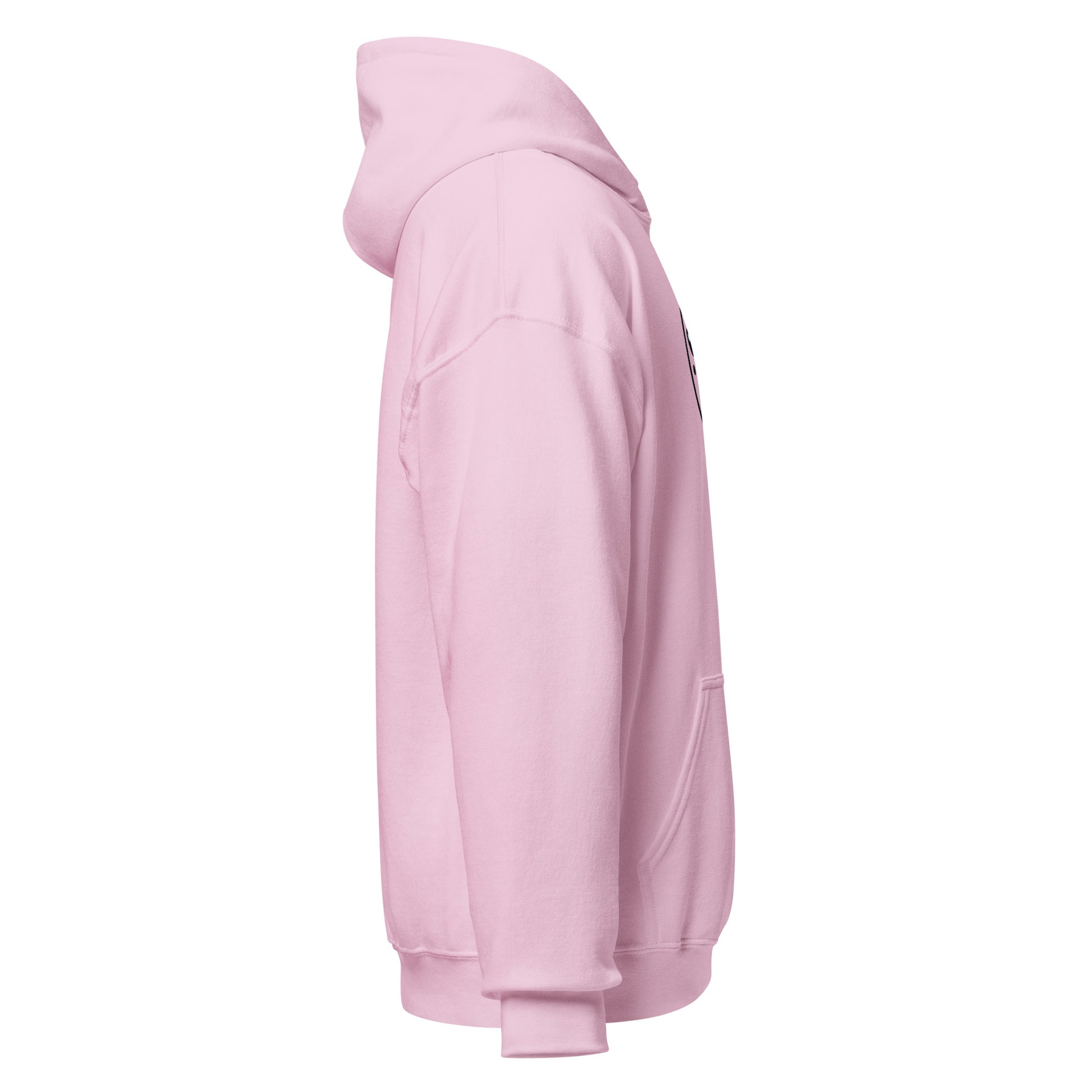 Pink unisex hoodie side view, cozy and stylish fashion statement, perfect for cooler evenings, made from 50% cotton and 50% polyester.