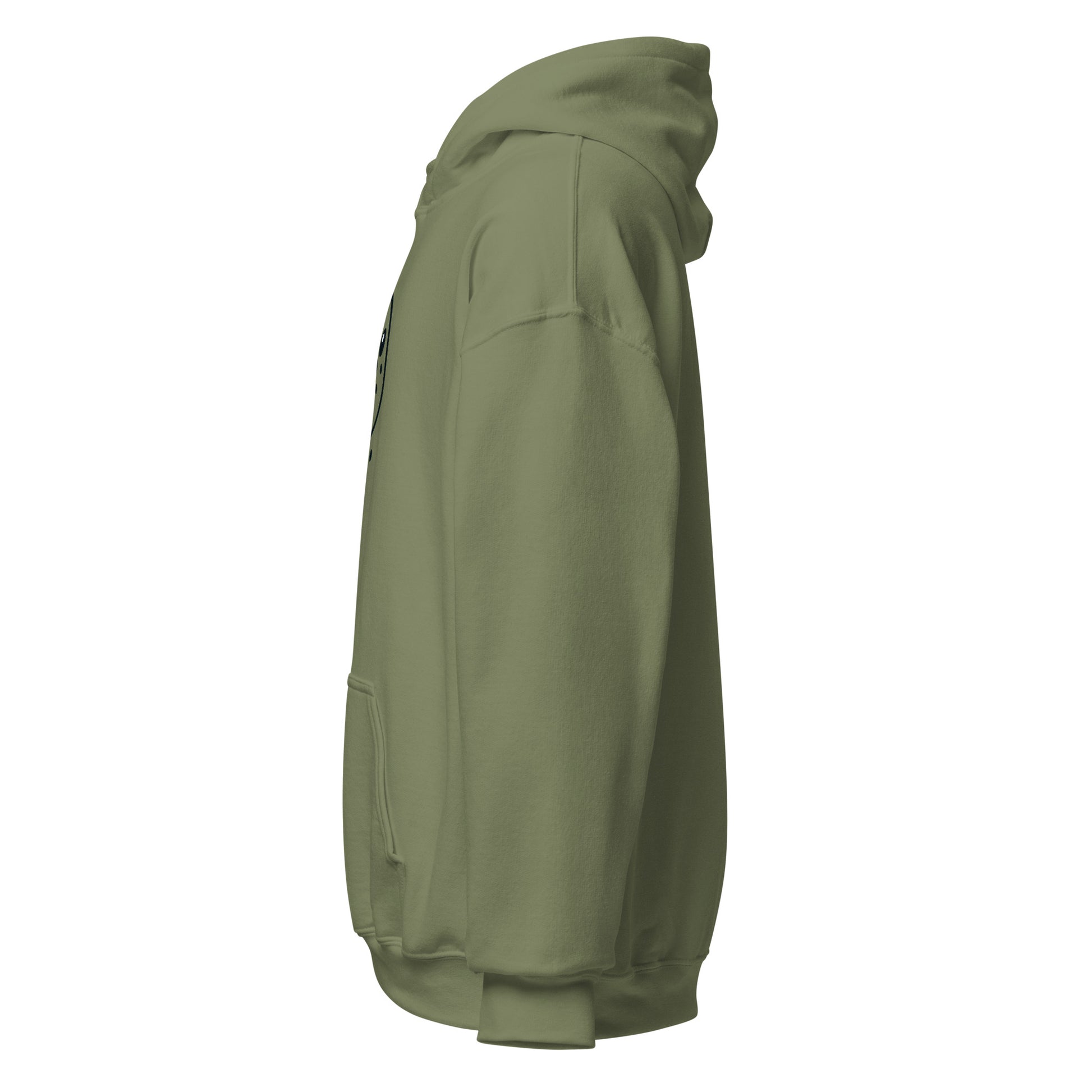 Olive green unisex hoodie side view, showcasing soft, eco-friendly fabric ideal for cozy streetwear and sustainable fashion lovers.