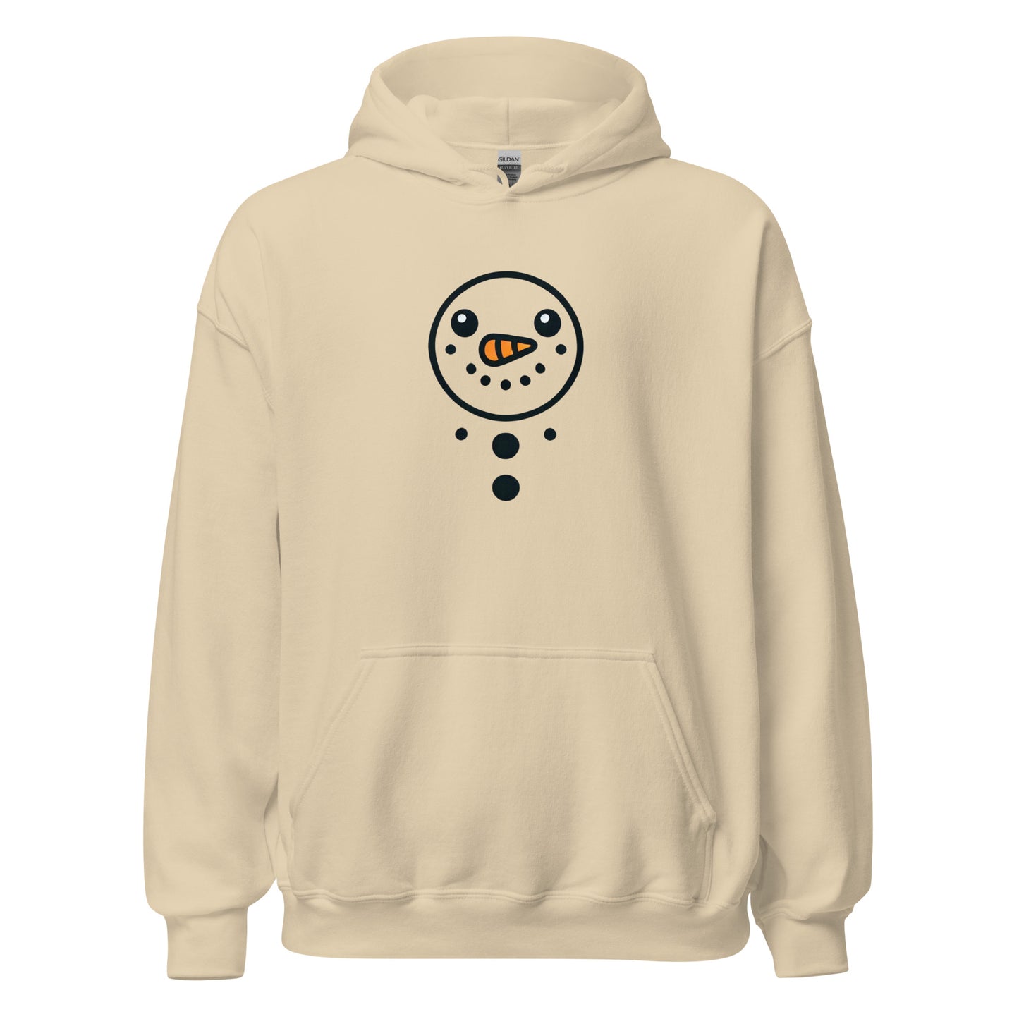 Cream hoodie with a snowman graphic design, cozy unisex streetwear, perfect for cooler evenings, sustainable fashion choice.